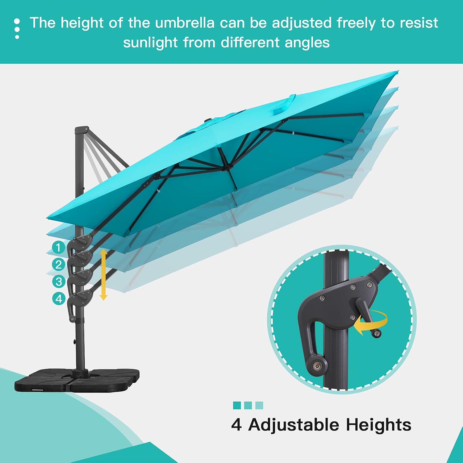 Illustration of the umbrella's 4 adjustable height levels.