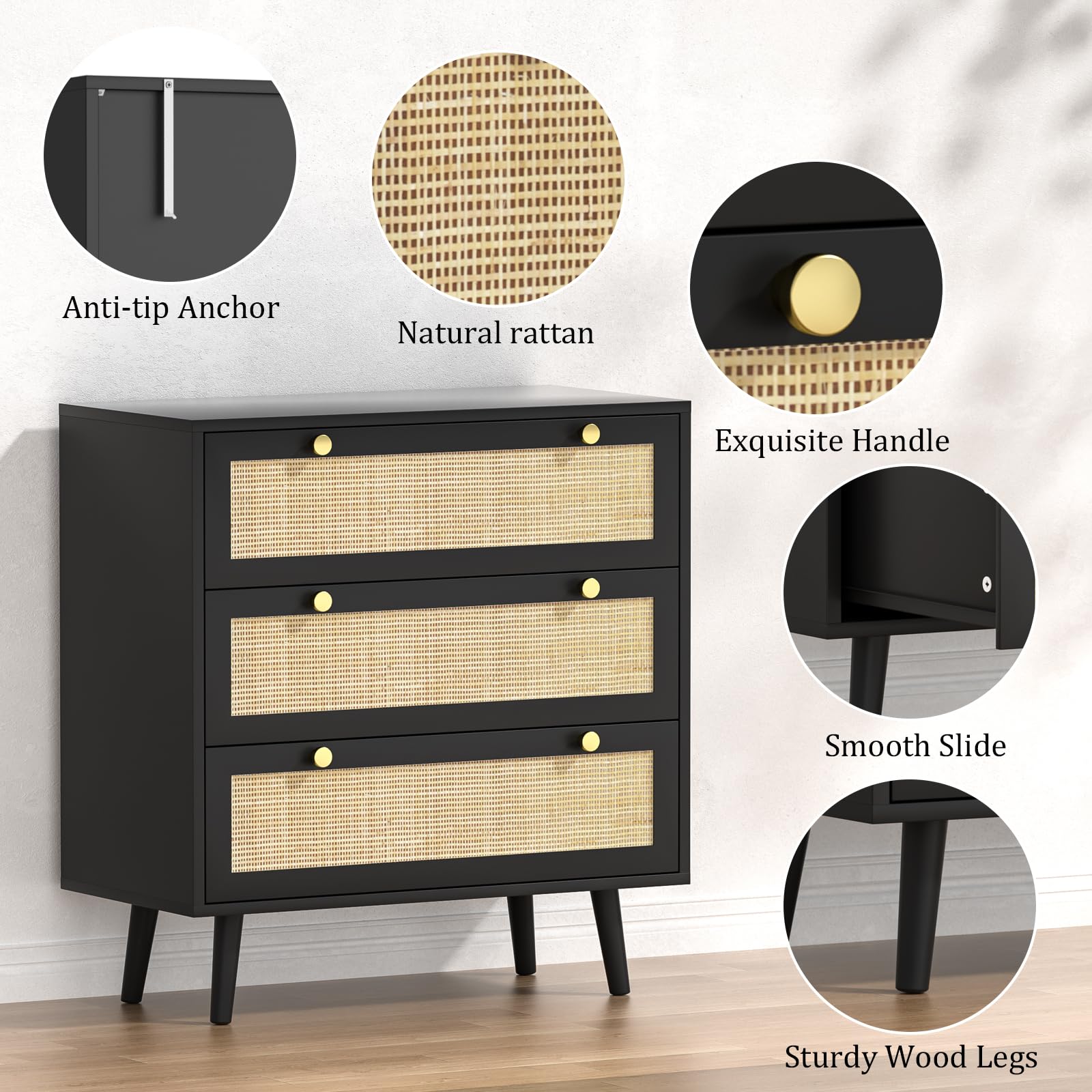 3-Schubladen Kommode mit Rattanfront | Moderner Komodenschrank fürs Schlafzimmer Kommode | Großer Stauraum Schubladenkommode | Naturlook Kommode mit Schubladen, 80x40x91CM
