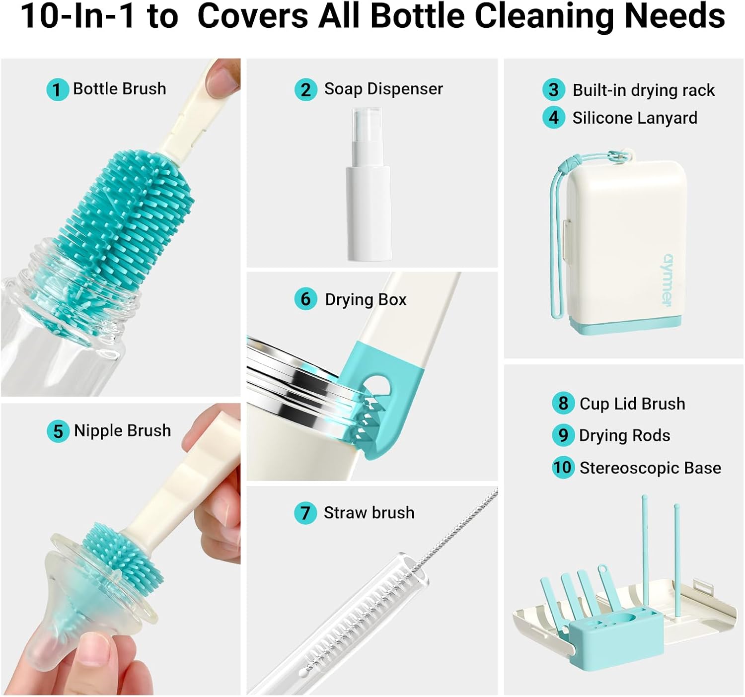 Aynmer Baby Bottle Brush Cleaner Set – 10 In 1 Travel Bottle Cleaning Brush Kit with Silicone Bottle Brush, Nipple Brush, Soap Dispenser, Portable Drying Rack, Breast Pump & Bottle Cleaning Kit -Green