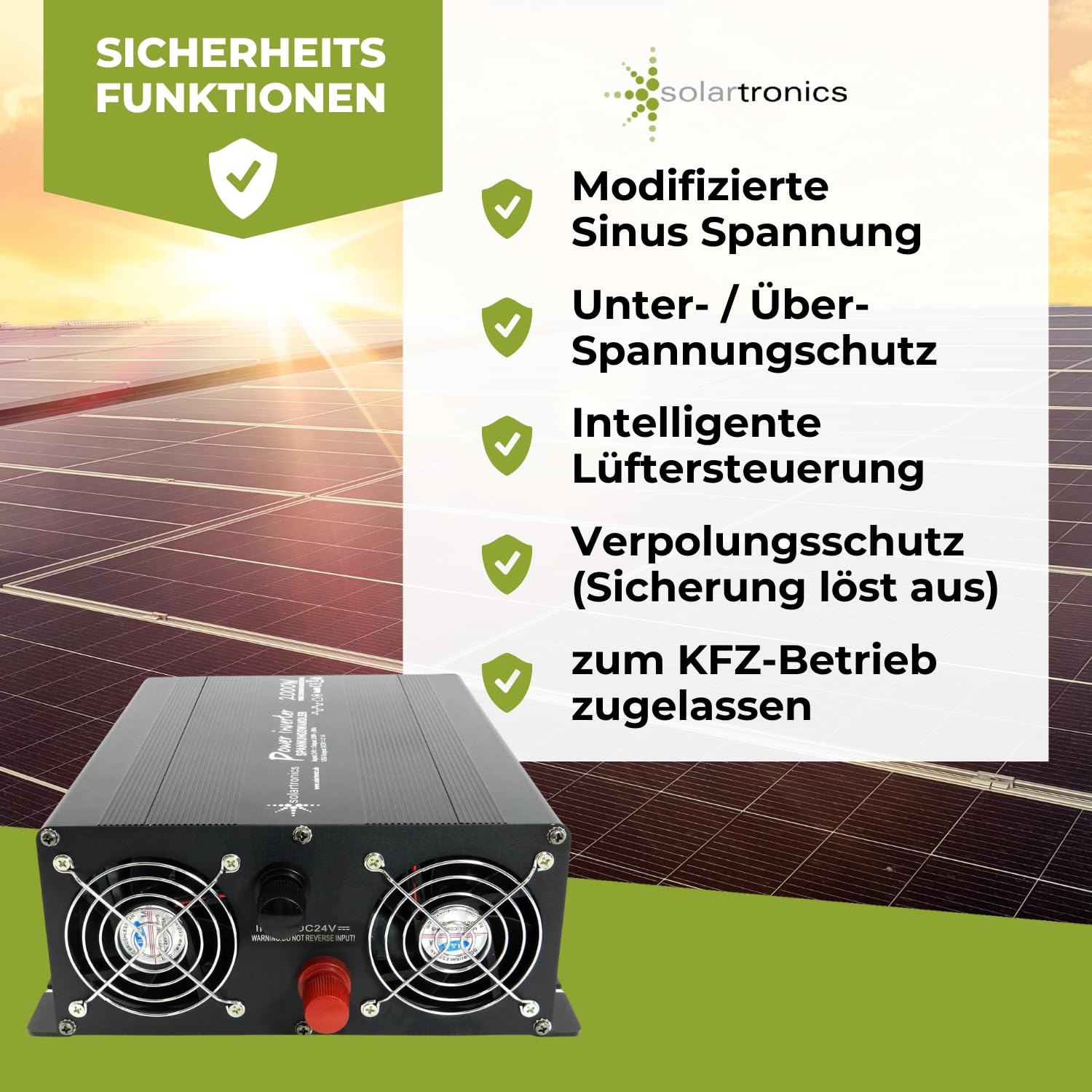Solartronics NM2000 Transformador de Tensión 24V 230V Modificado Sinus 2000W-4000W Spitzenleistung - Inversor 24V sobre 230V Corriente con Schuko-& USB Conexión Solar Inverter Convertidor