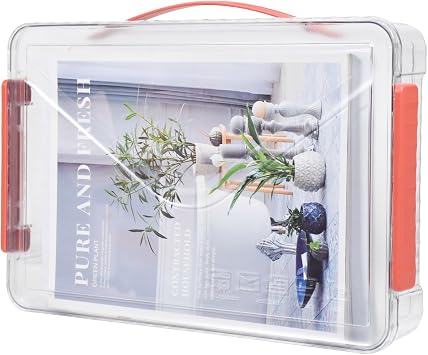 Clear Storage Boxes with Lid - A4 Transparent Paper Storage Organiser with Handle and Portable Project Case Drawer Organizer for Storing Certificates Photos Scrapbook and InvoicesRed Handle