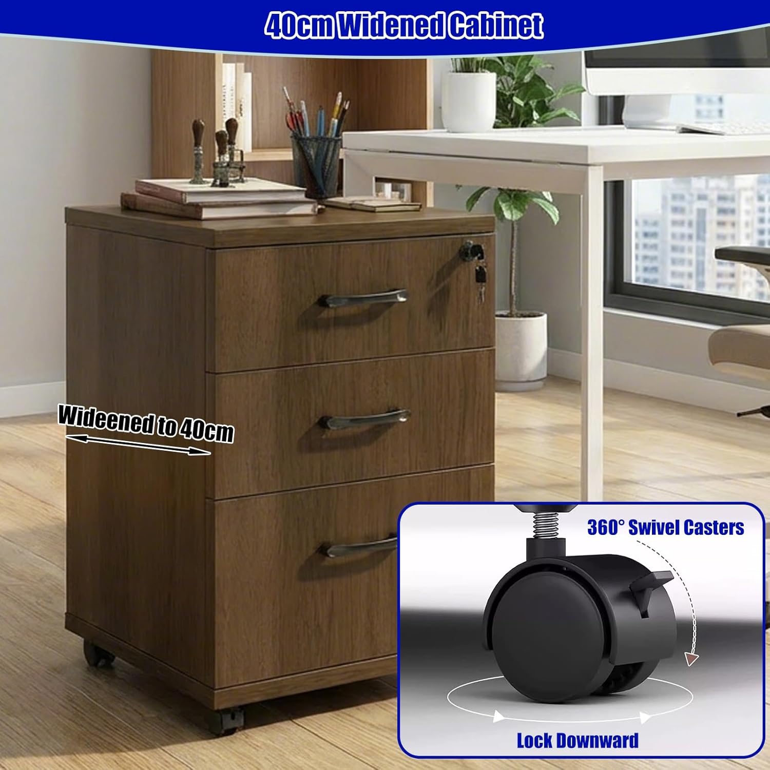 3-Drawer File Cabinet, Mobile Filing Cabinet with Lock, Under Desk File Organizer for Home Office, Fits Letter/Legal/A4 Files Under Desk, Fully Assembled Except Casters(Black+White)