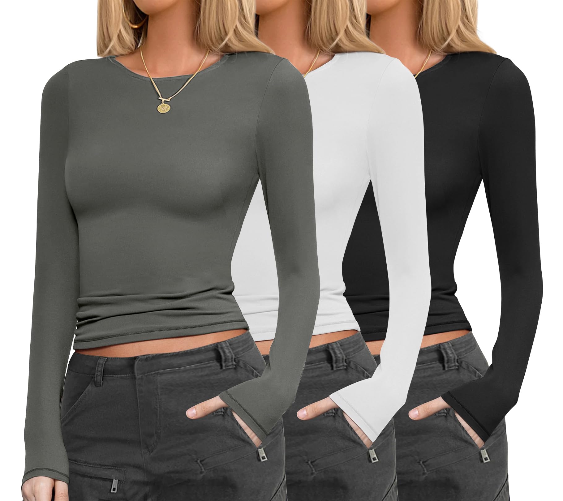Ekouaer Womens 3 Pack Long Sleeve Shirts Fitted Tops Underscrub Undershirt