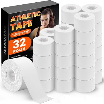 32 Pack Athletic Tape, White Sports Tape for Wrist Ankle Protection, Sports Tape Athletic No Sticky Residue, Easy to Tear Gymnastics Tape for Soccer, Football, Training Supplies 1.5" x 320 Yards