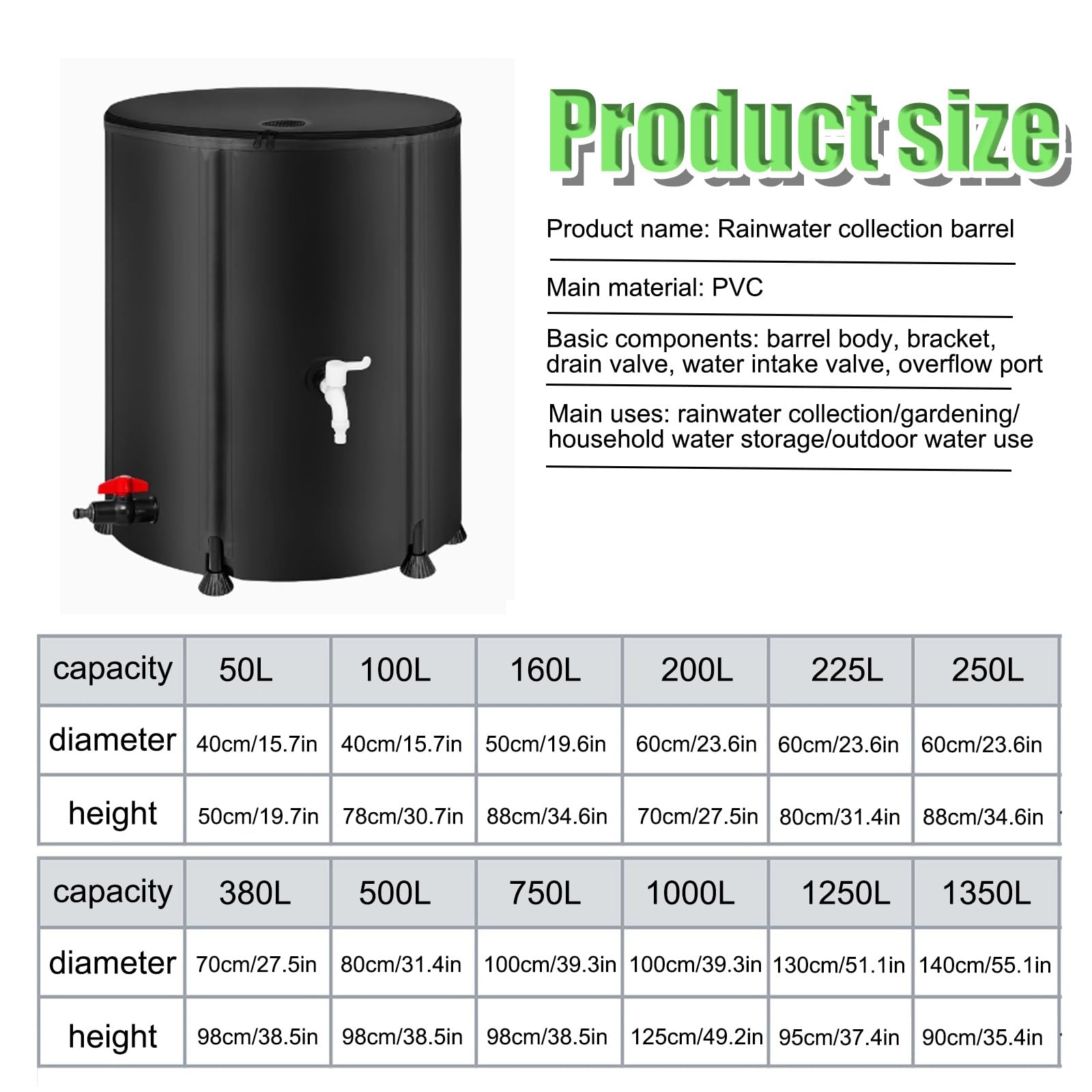 Barril portátil de 1250 l para Agua de Lluvia. Sistema eficiente de recolección de Agua de Lluvia. Almacenamiento de fluidos para riego de Jardines. Solución de recolección de Agua