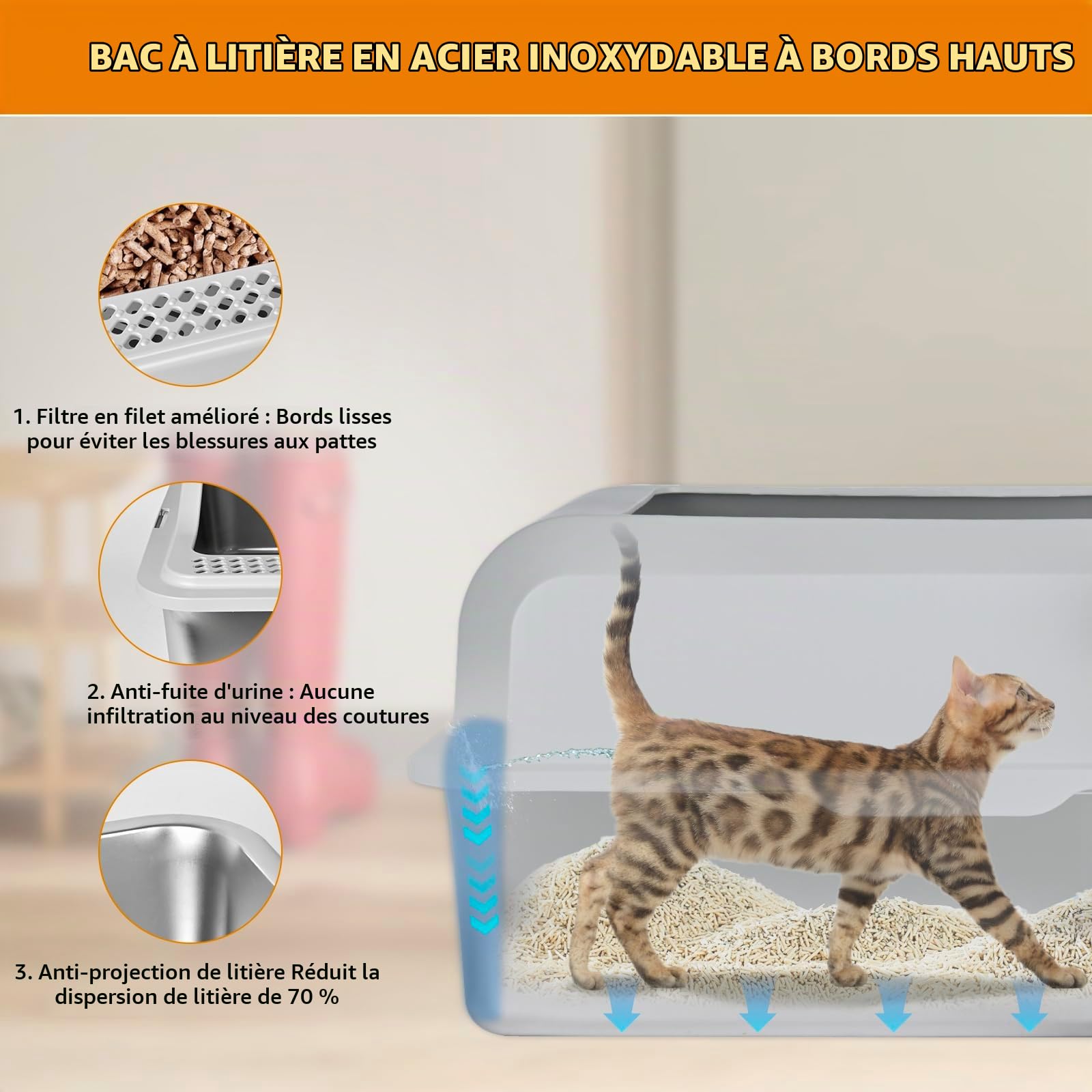 Homegroove Litière pour chat en acier inoxydable pour granulés de pin - 60 x 40 x 15 cm - Bord haut - Litière en métal avec couvercle - Pelle en plastique et 10 tampons d'urine (15,2 cm)