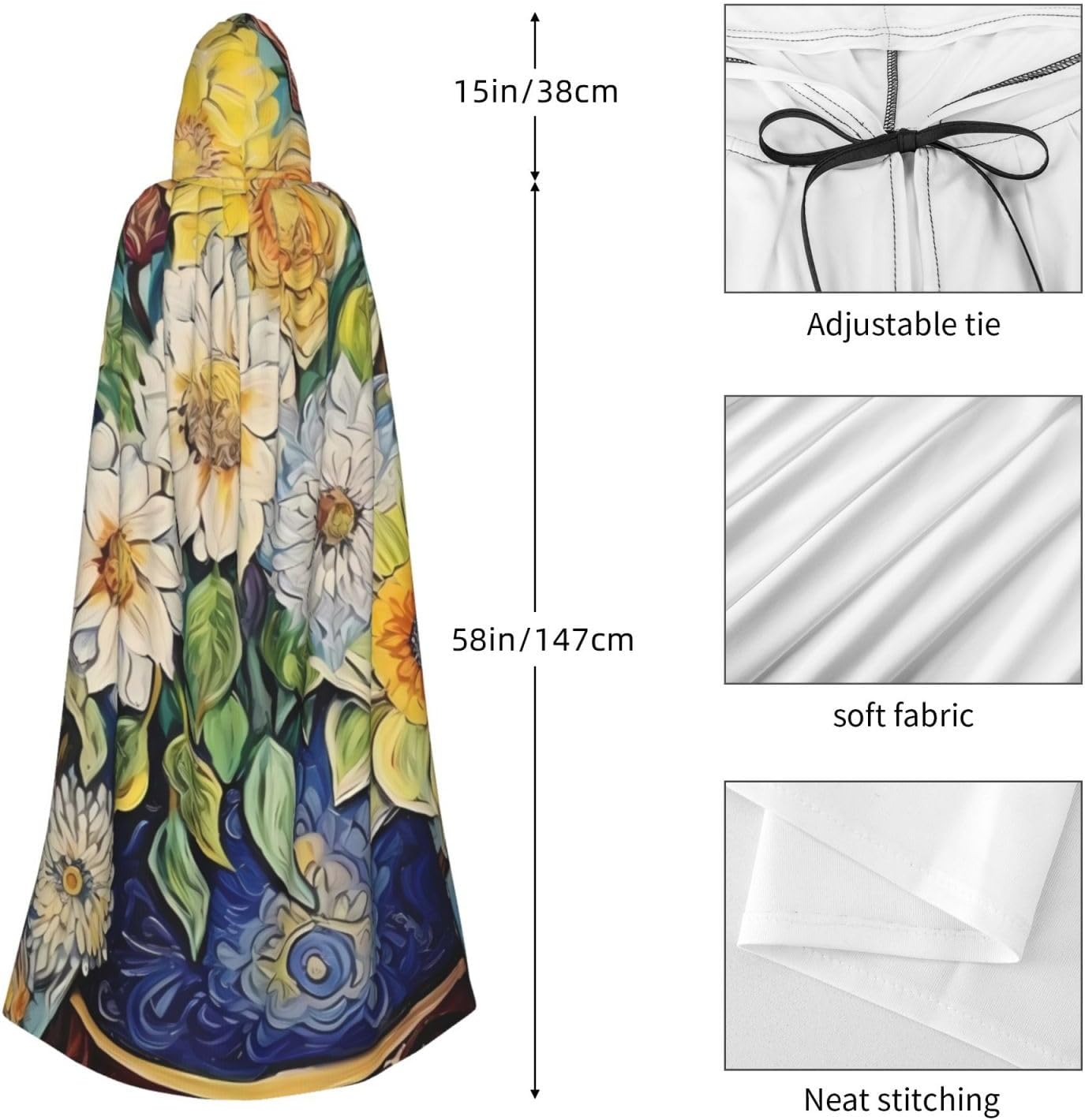 Unisex Full Length Hooded Halloween Christmas Party Robe Cloak Cape Cosplay Costume Men Women Oil On Canvas Flowers Prints Black