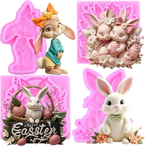 Miniatura 5 de Mujiang Molde para fondant de conejo, orejas de conejo de Pascua, moldes de silicona para decoración de pasteles, juego de 4