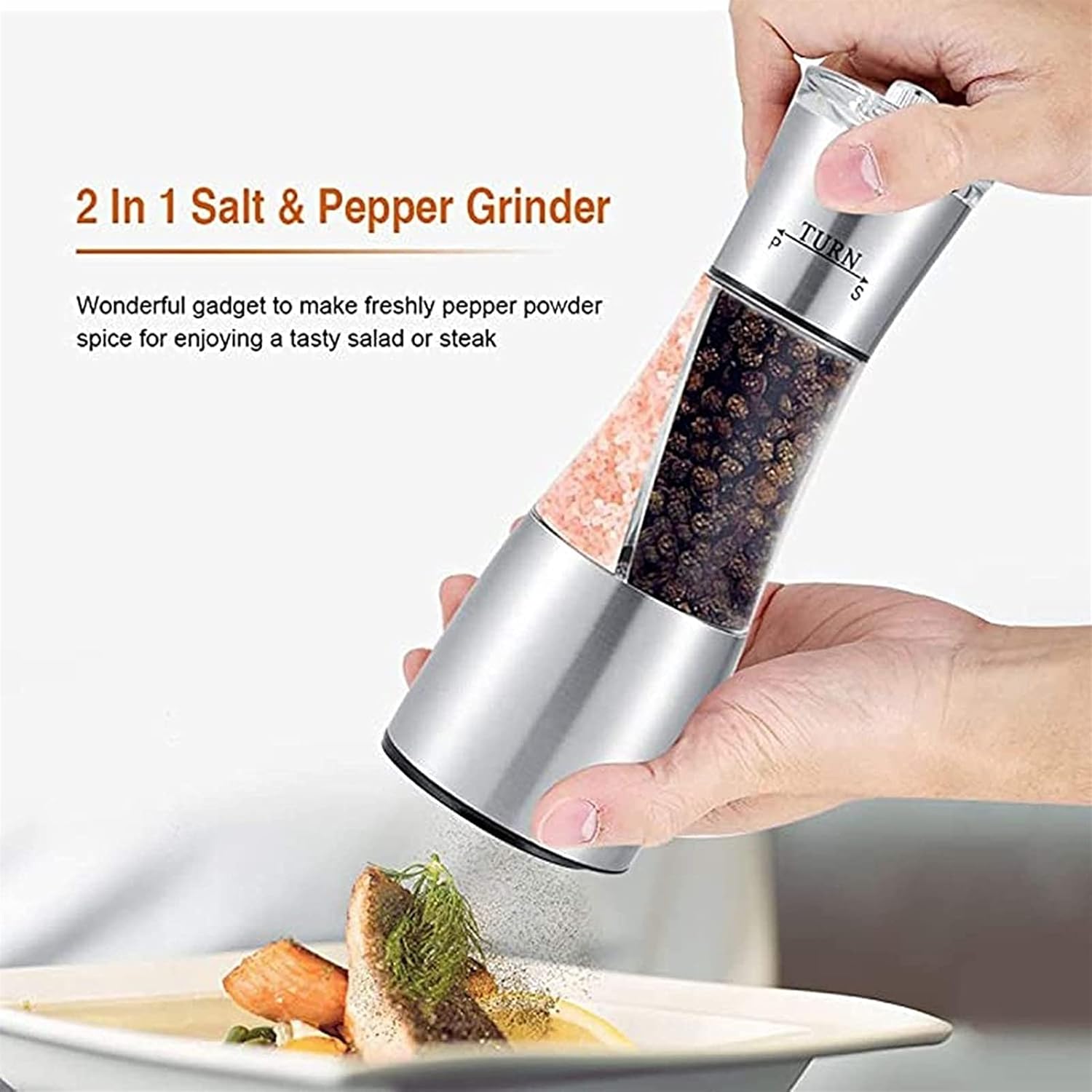 Pepper Grinder Mill,2 in 1 Stainless Steel Manual Salt and Pepper Shakers Spices Mill,Adjustable Coarseness,Ceramic Kitchen Cooking Tools Grinding