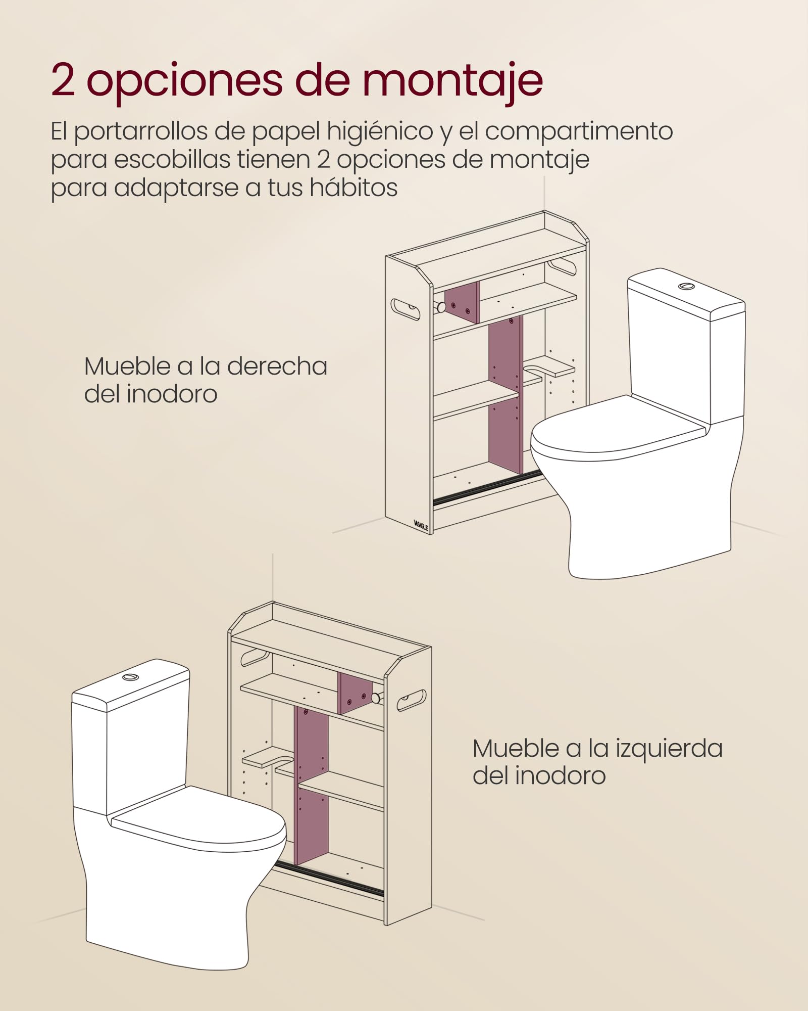 VASAGLE Armario de Baño, Ahorra Espacio, Compartimento Papel Higiénico y Escobilla, Puertas Correderas, Estantes Ajustables, Lado Inodoro, 20 x 60 x 80 cm, Blanco Nube BBC752W01