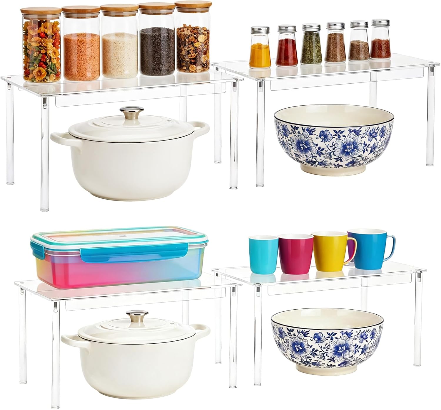 4-Piece Clear Acrylic Stackable Shelves for Kitchen & Makeup Storage 4-Piece Clear Acrylic Stackable Shelves for Kitchen & Makeup Storage