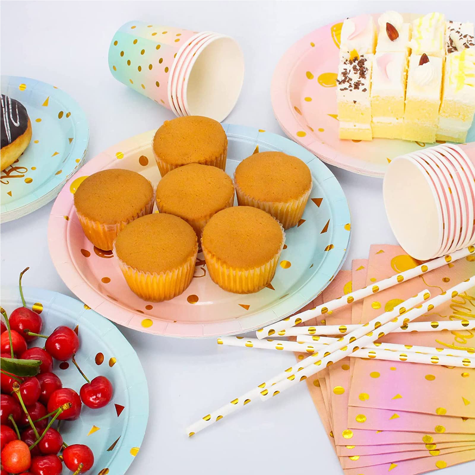 Feelhap 125 Pièces Vaisselle Jetable Anniversaire Arc-en-Ciel Pastel – Service Pour 25 Invités – Assiettes, Gobelets, Pailles, Serviettes