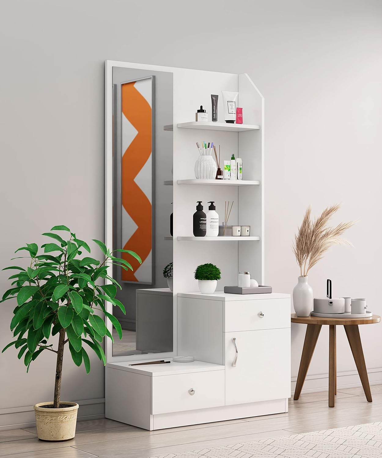 Bniture Wooden Dressing Table for Bedroom with 2 Drawer, Mirror and Huge Storage Space | Long Dresser Vanity Table with Mirror (Frosty White)-image-48