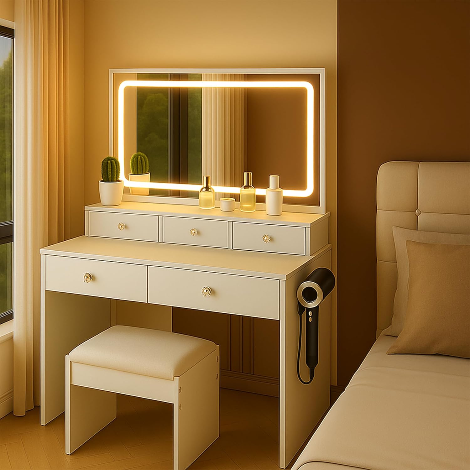 Small Makeup Vanity Desk with Light and Mirror,23.6" Compact Make up Dressing Table with USB, Type C Outlet and Holder, Padded Stool & Shelf, Space Saving Vanity Table for Teen Dorm Bedroom (white)