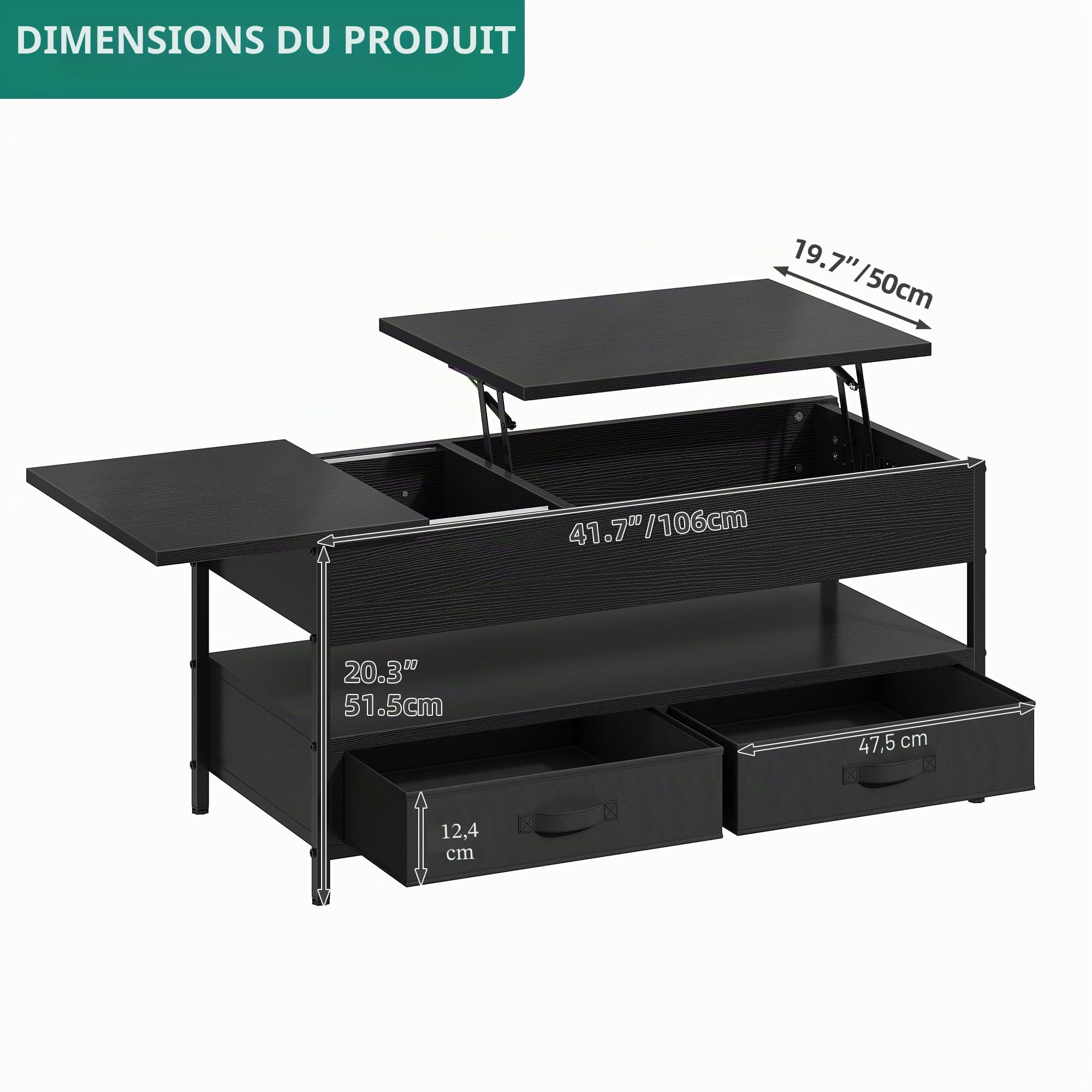 YITAHOME Table Basse Relevable, Table Basse Salon Noir avec Ruban LED RGB et 2 Tiroirs, 106 x50x51,5cm, avec Plateau élévateur et Rangement Caché, Idéal pour Le Salon