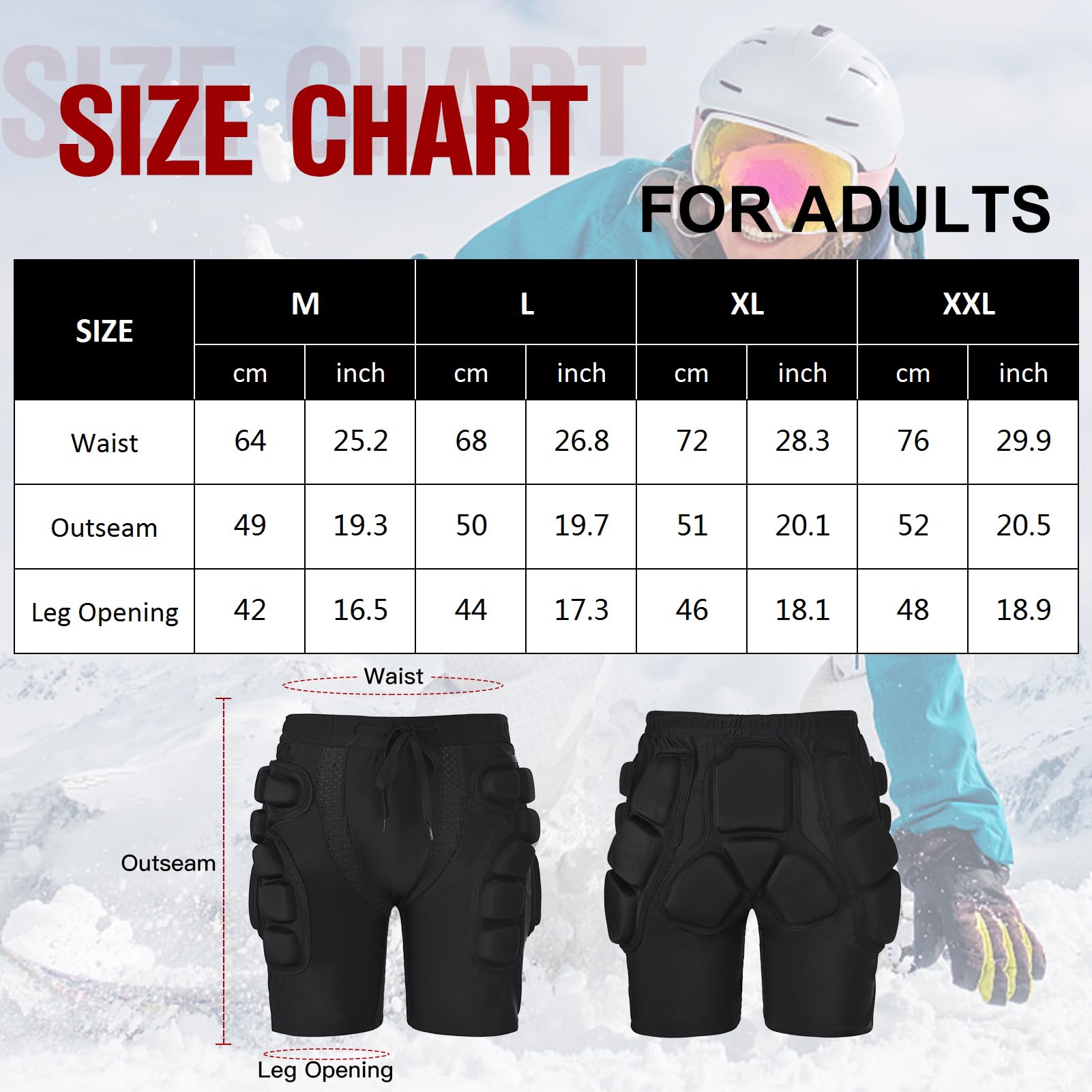 Short de protection rembourré pour snowboard et protection des hanches