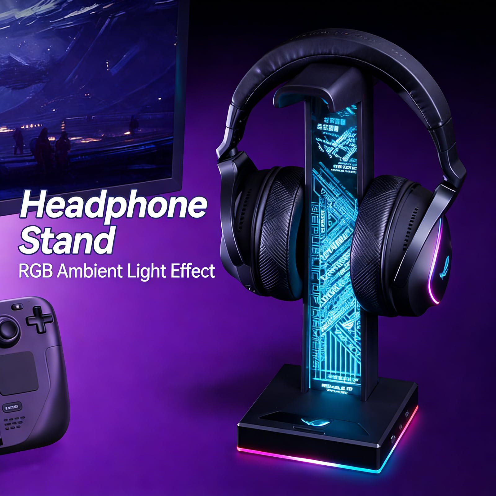 Support pour Casque RGB, Support LED RGB pour Casque Audio, Support De Bureau pour Casque Gaming,avec 2 Ports USB Et Ports Audio 3,5 Mm,10 Modes D'éclairage,Compatible avec Tous Les Écouteurs