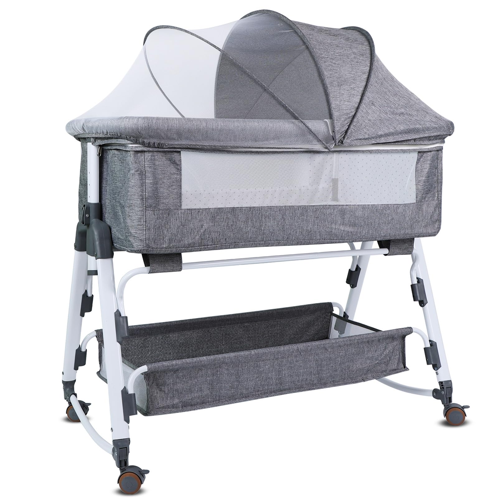 GYBest Bedside Bassinets for Baby, Baby Bassinet Cradle with Storage Basket & Wheels, Bedside Sleeper for Baby, Adjustable Height Baby Portable Bedside Crib with Protective Net for Baby Infant