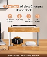 Alltripal 4-in-1 Vezeték Nélküli Éjjeli Lámpa Töltőállomás - iPhone/Apple Watch/AirPods Töltő Fa Dizájnnal, 3 Színhőmérséklet, Állítható Fén 6