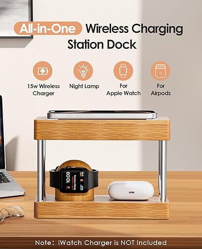 Miniatura 6 de Estación de carga inalámbrica de bambú con luz regalos ideales para ella él 4 en 1 estación de carga de bambú para múltiples dispositivos, cargador