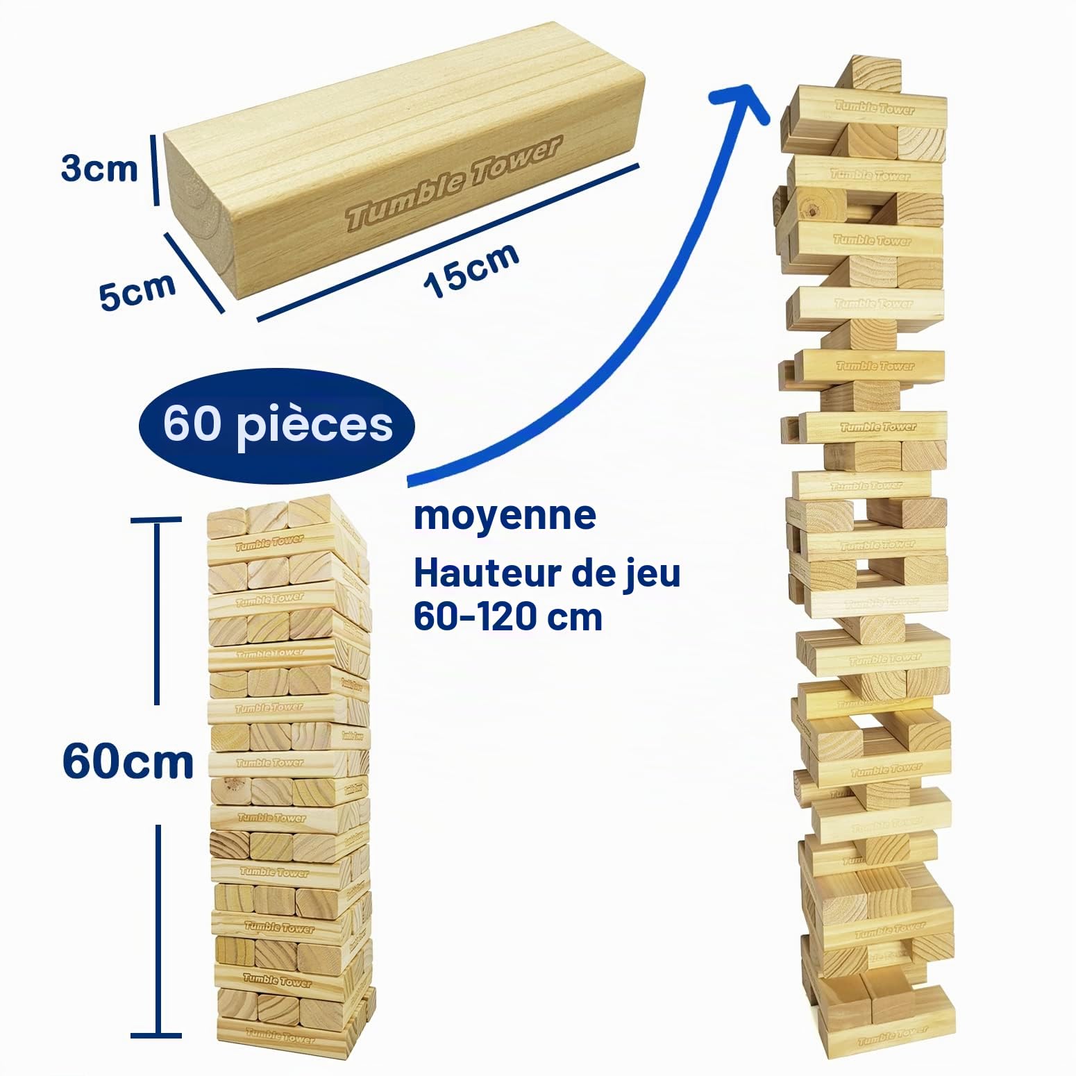 Jac & Mok Jumbo Tumble Tower Lot de 60 blocs en pin avec sac de transport