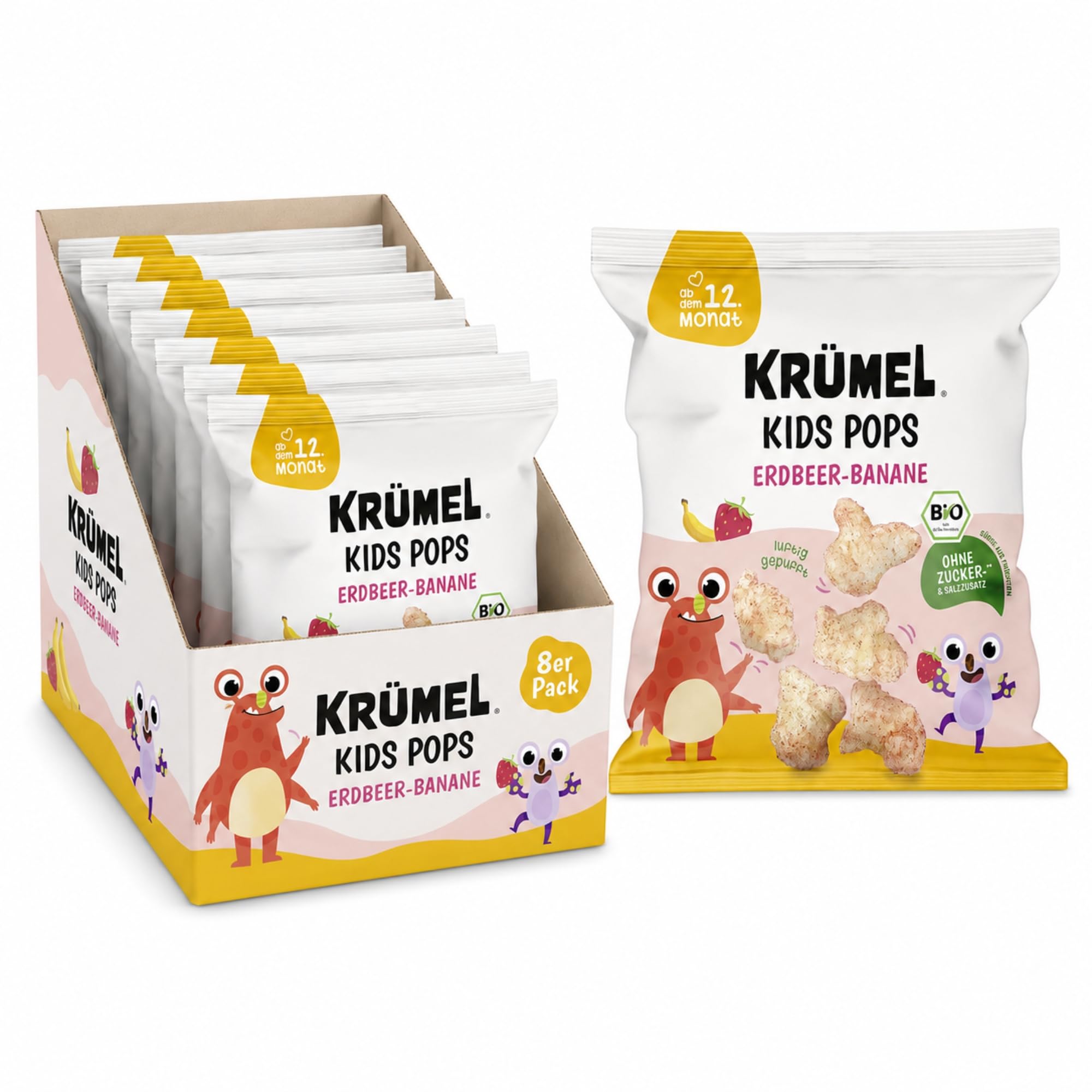 KRÜMEL Bio Kids Pops Erdbeer-Banane - Luftig gepuffter Bio-Snack für Kinder - Ohne Zuckerzusatz - Mit Vitamin B1 - Vegan - Aus Mais & Reis - 83 kcal pro Portion (8 x 20g)