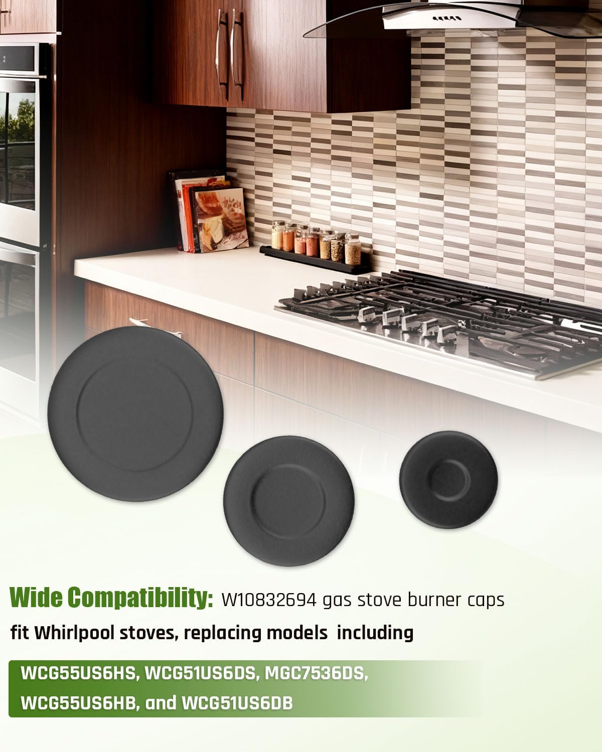 W10832694 Gas Stove Burner Cap Set Fit for Whirlpool Range Stove Burner, Replace W10597133 AP5988633 PS11727796 4363154, 5 Pcs