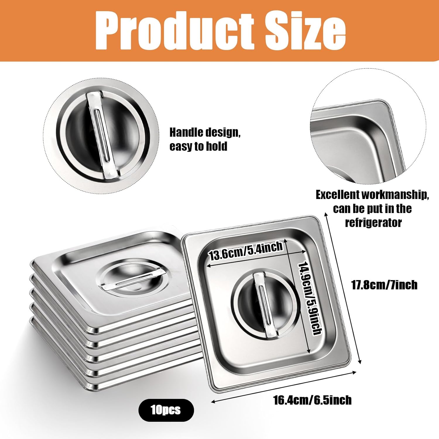 10 Pack 1/6 Size Steam Table Pan Covers Stainless Steel Commercial Food Pan Lids Metal Steam Prep Table Pans Covers with Handles for Fruits Vegetables Buffet Catering Roasting Food Trays, 7 x 6.5 Inch - Image 2