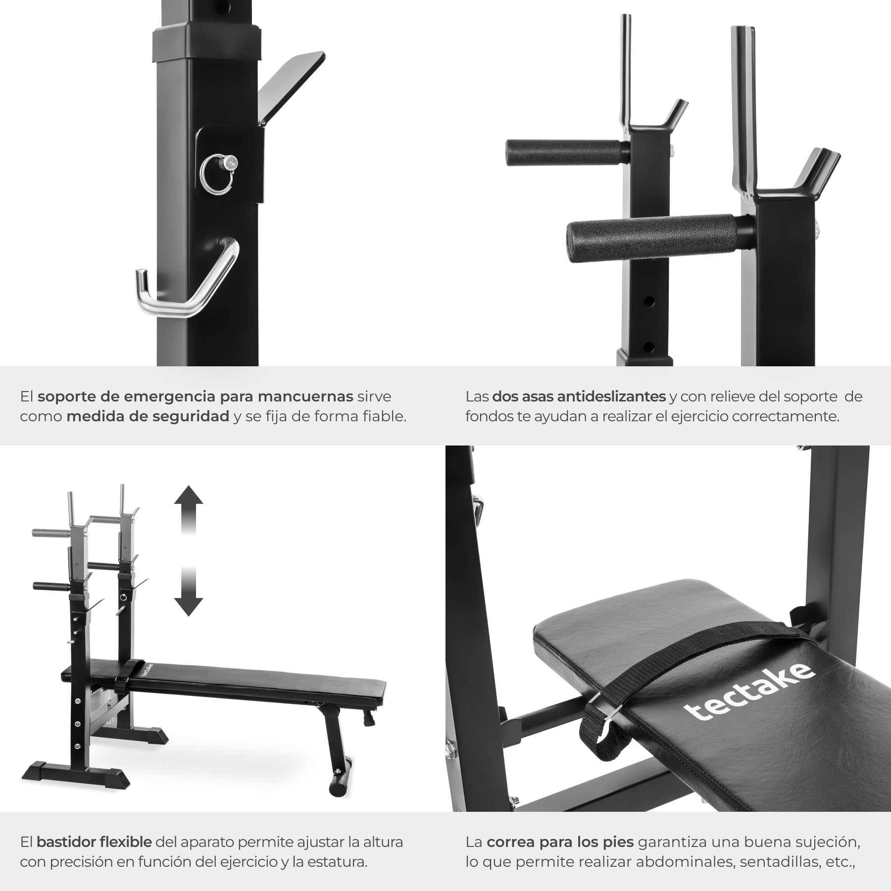 tectake® Banco de Pesas Plegable, Banco Musculación Ajustable, Ideal para Entrenamiento en Casa, Press Banca y Ejercicios de Fitness, con Soporte Barra Pesas, Capacidad de Carga: 150 kg - Negro