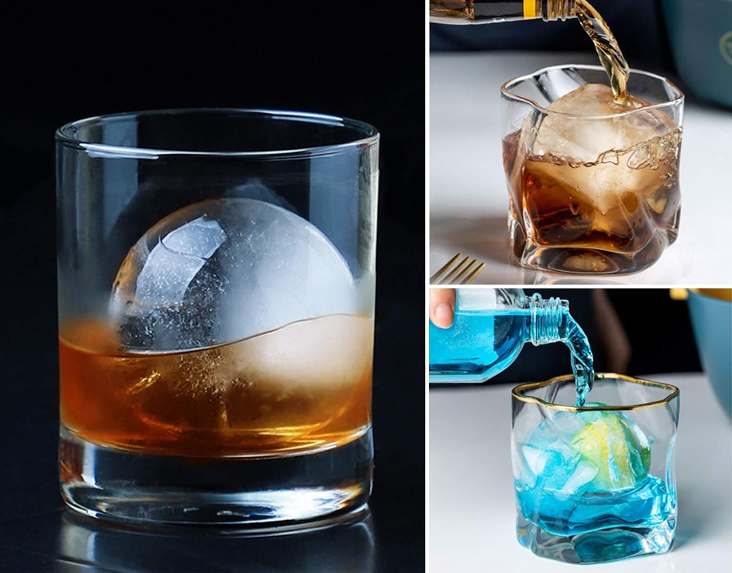 Ouddy Ice Cube Tray (Set of 2), Silicone Square Ice Cube Mold & Sphere Whiskey Ice Ball Maker Mold & Funnel & Clip for Cocktails & Bourbon (Grey)