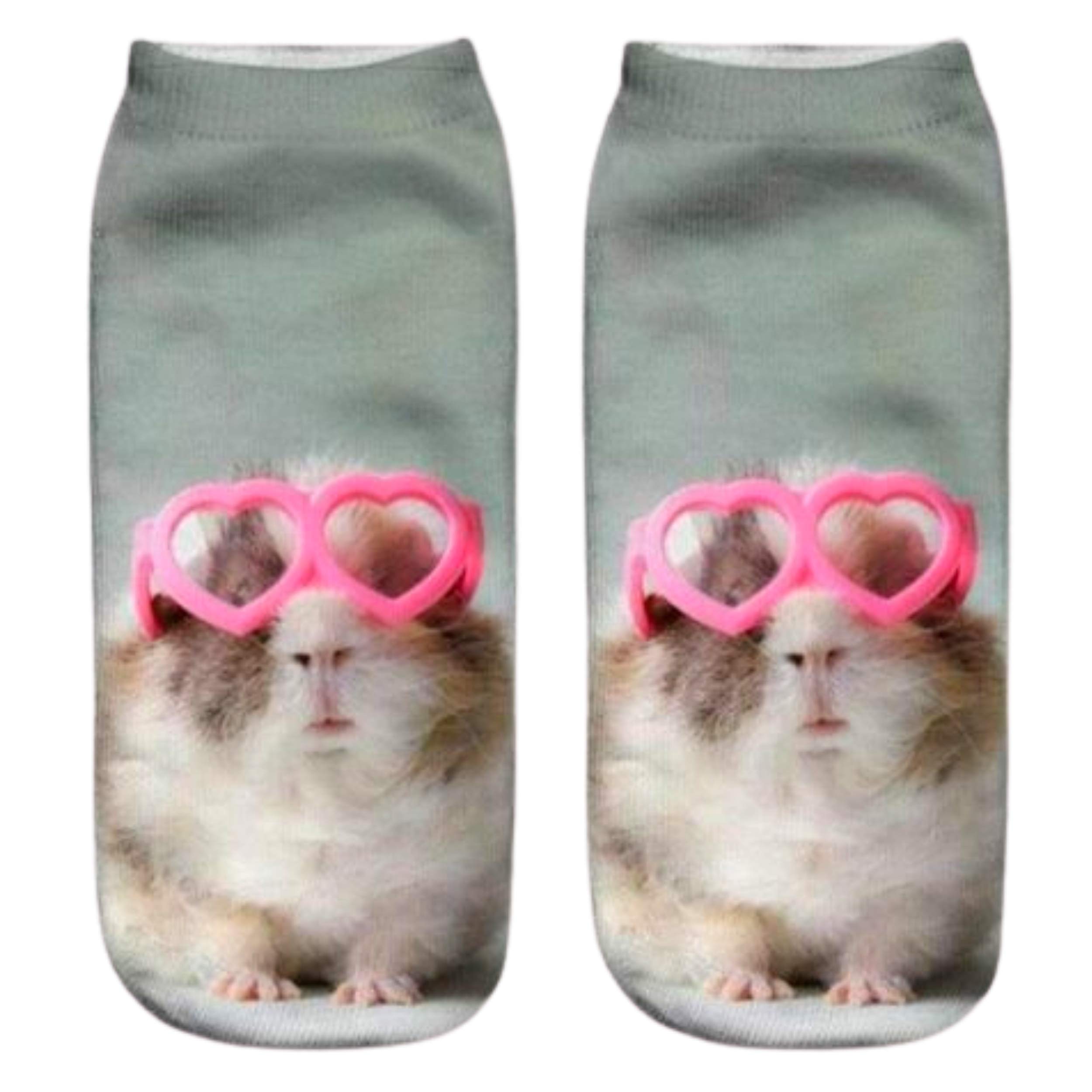 Anigood GUINEA PIG Printed 3D Ankle Socks Low Cut Unisex Cotton Blend| 1 Pair Multicolour Sock for Adult Men and Women (Guinea Pig Heart Glasses)