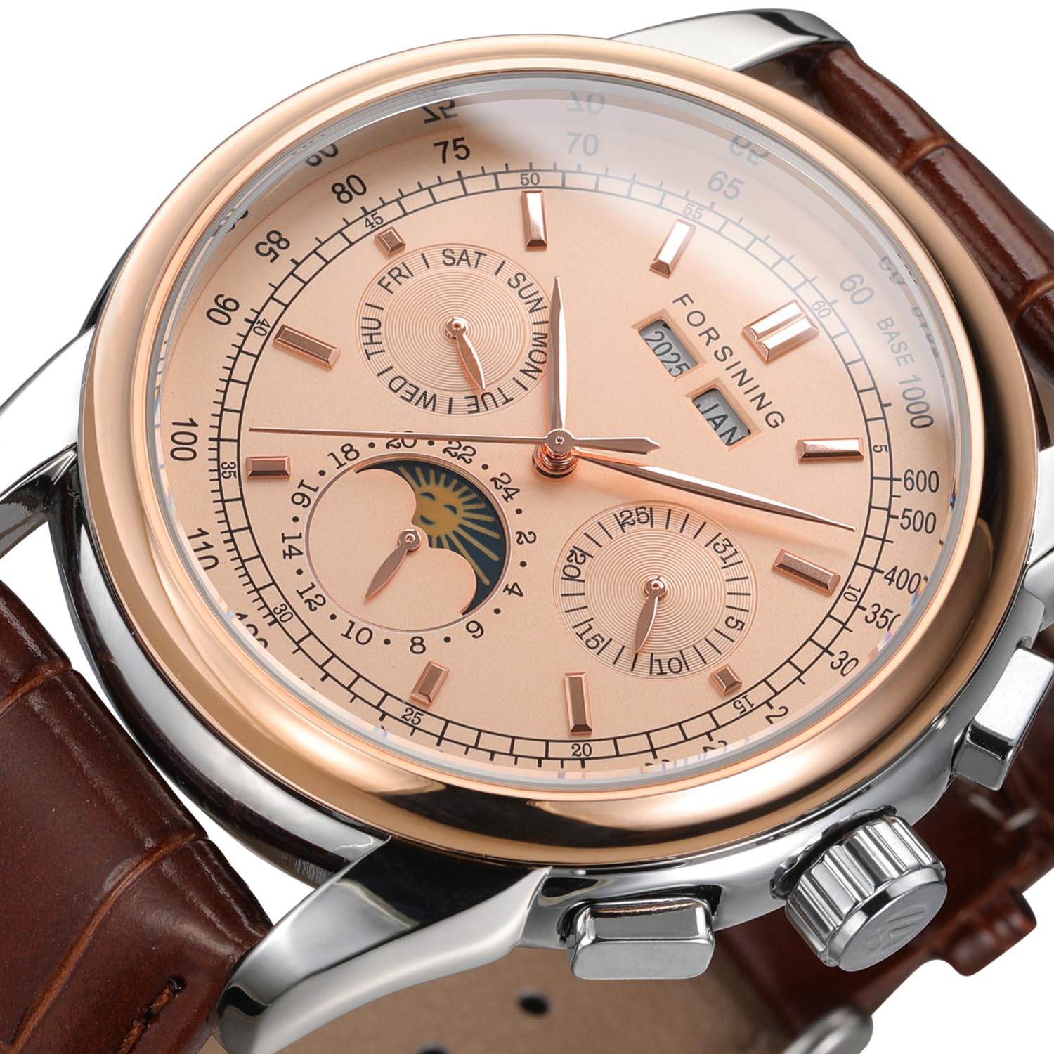 Forsining FSG319M3T2 Montre pour homme automatique avec phases de lune et bracelet en cuir