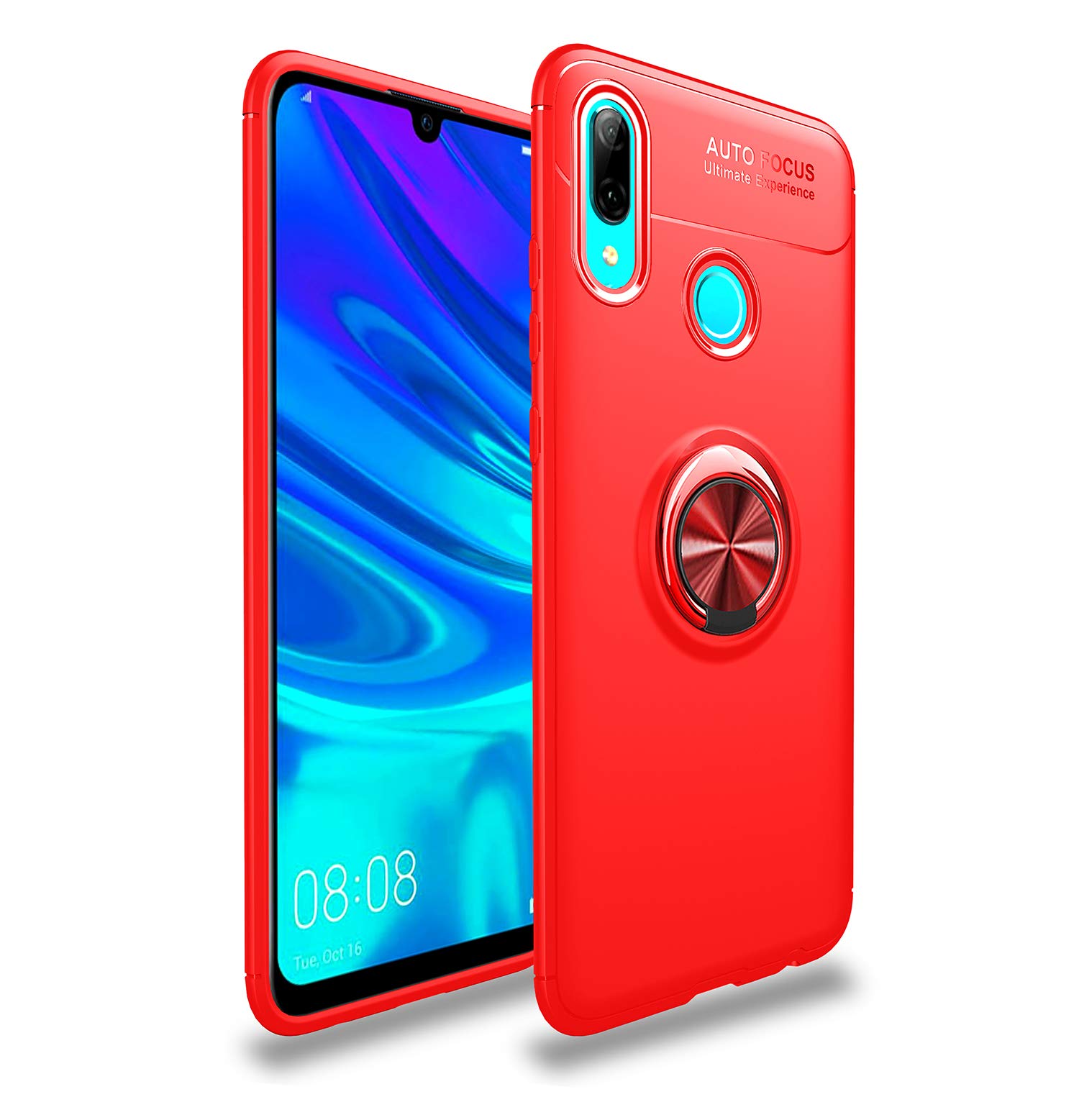 Zl One Case Metal Ring Back Cover Ultra-Thin TPU Bumper for Huawei PSMART 2019 (Red Cover Red Ring)