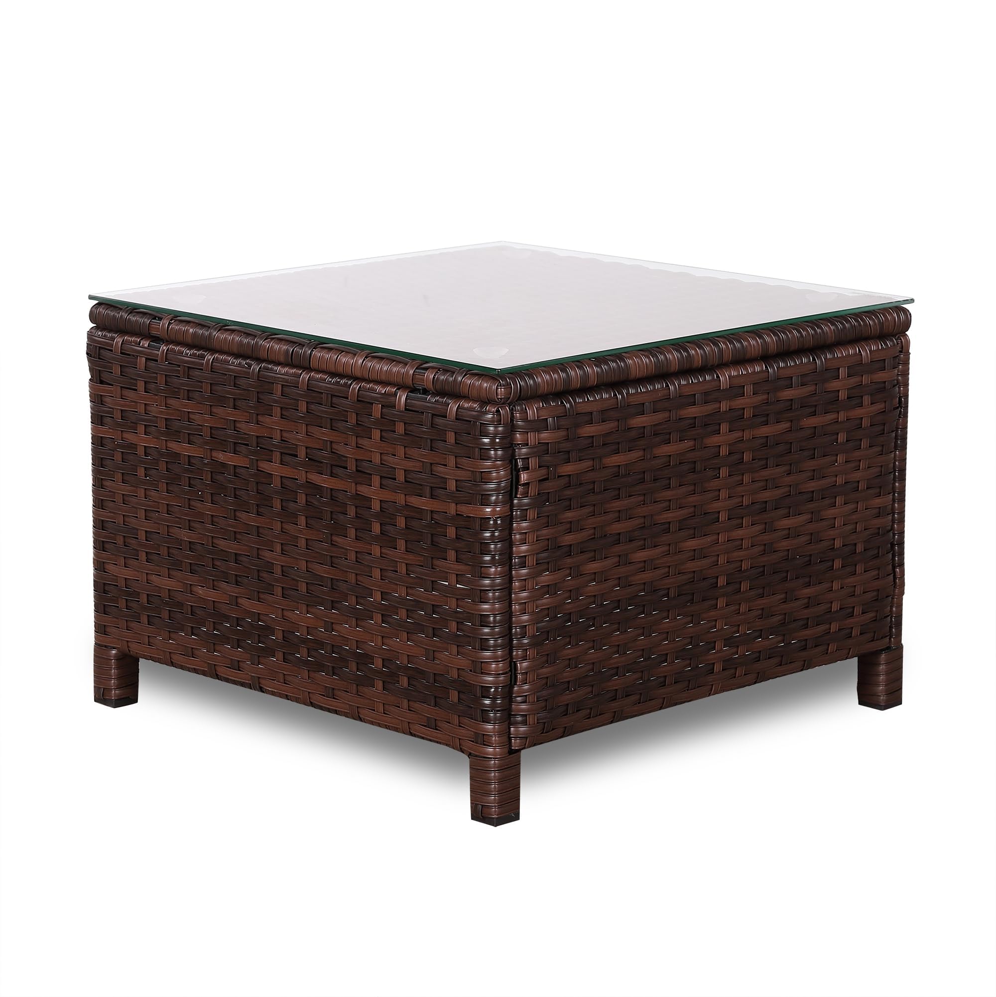 Rattan Park Mesa de Centro de ratán para Exterior con Tapa de Cristal, Mesa Auxiliar de Mimbre Resistente a Todo Clima para Patio, balcón o Porche, Color marrón (55×55×38 cm)