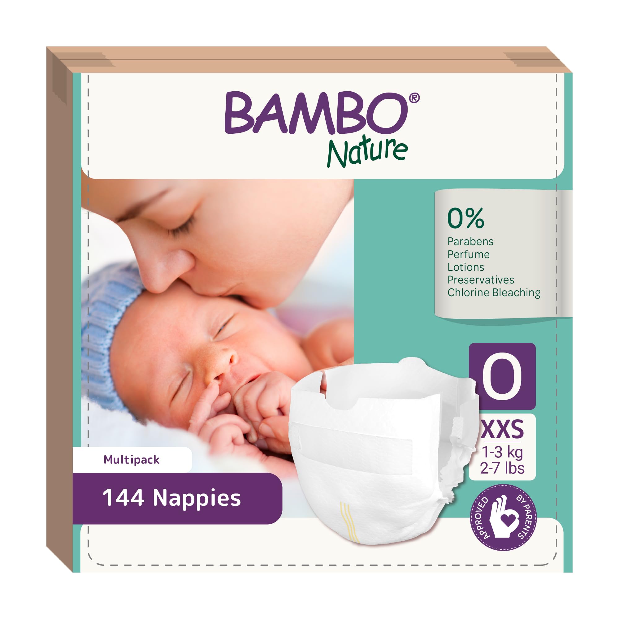 Bambo NaturePremium Eco Nappies, Premature Size 0 (1-3kg) XXS, Pack of 144, Eco-Labelled Sustainable Nappy, Enhanced Leakage Protection, Secure and Comfortable Baby NappiesOEKO-TEX STANDARD 100The Forest Stewardship Council