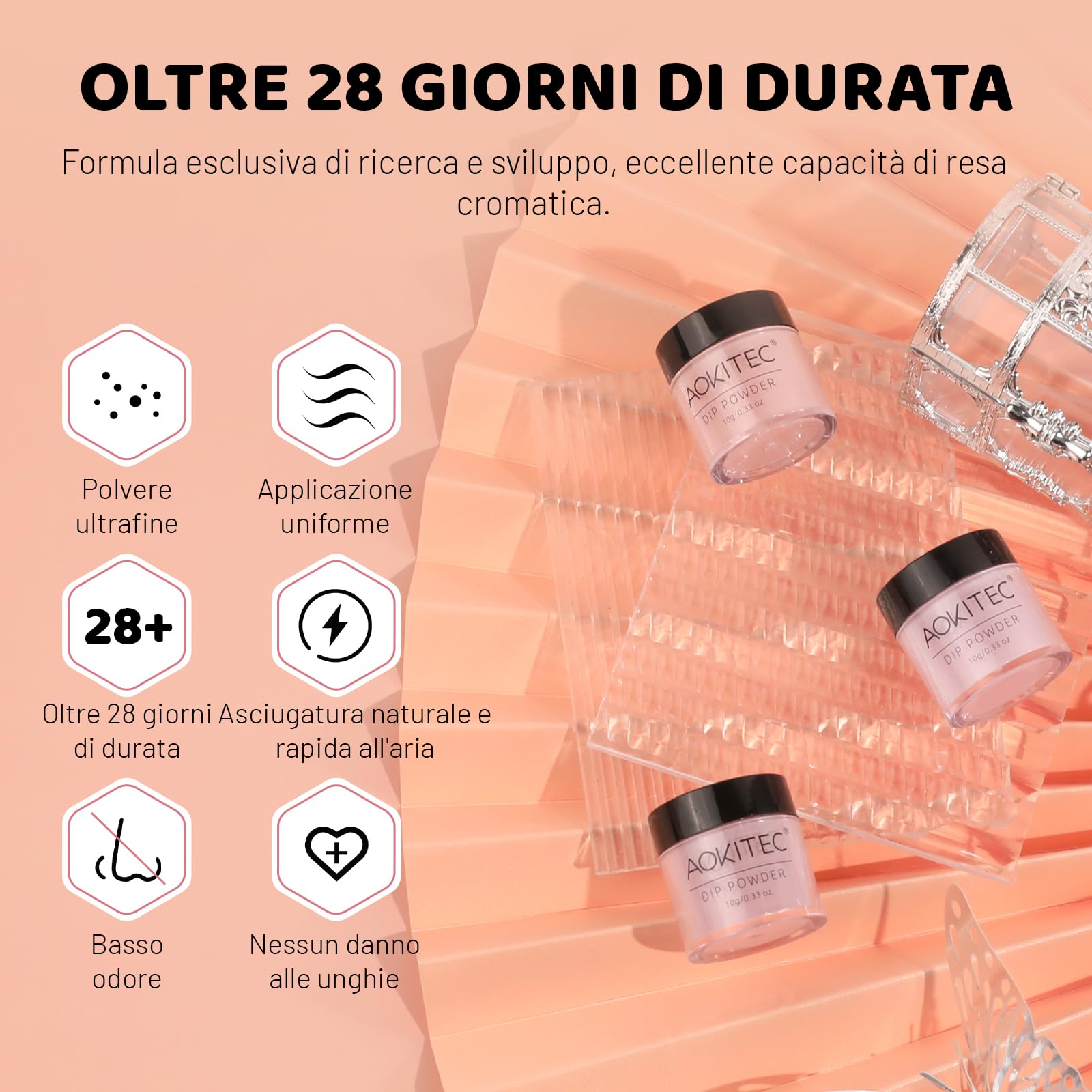 Aokitec 11 PCS Dip Powder Nail Kit Starter Set - 3 Colours Nail Powder with 2-in-1 Dip Base & Top Activator Nail Dust Brush, Simple Steps for Long-lasting Nail Art, Light Pink Tawny Orange