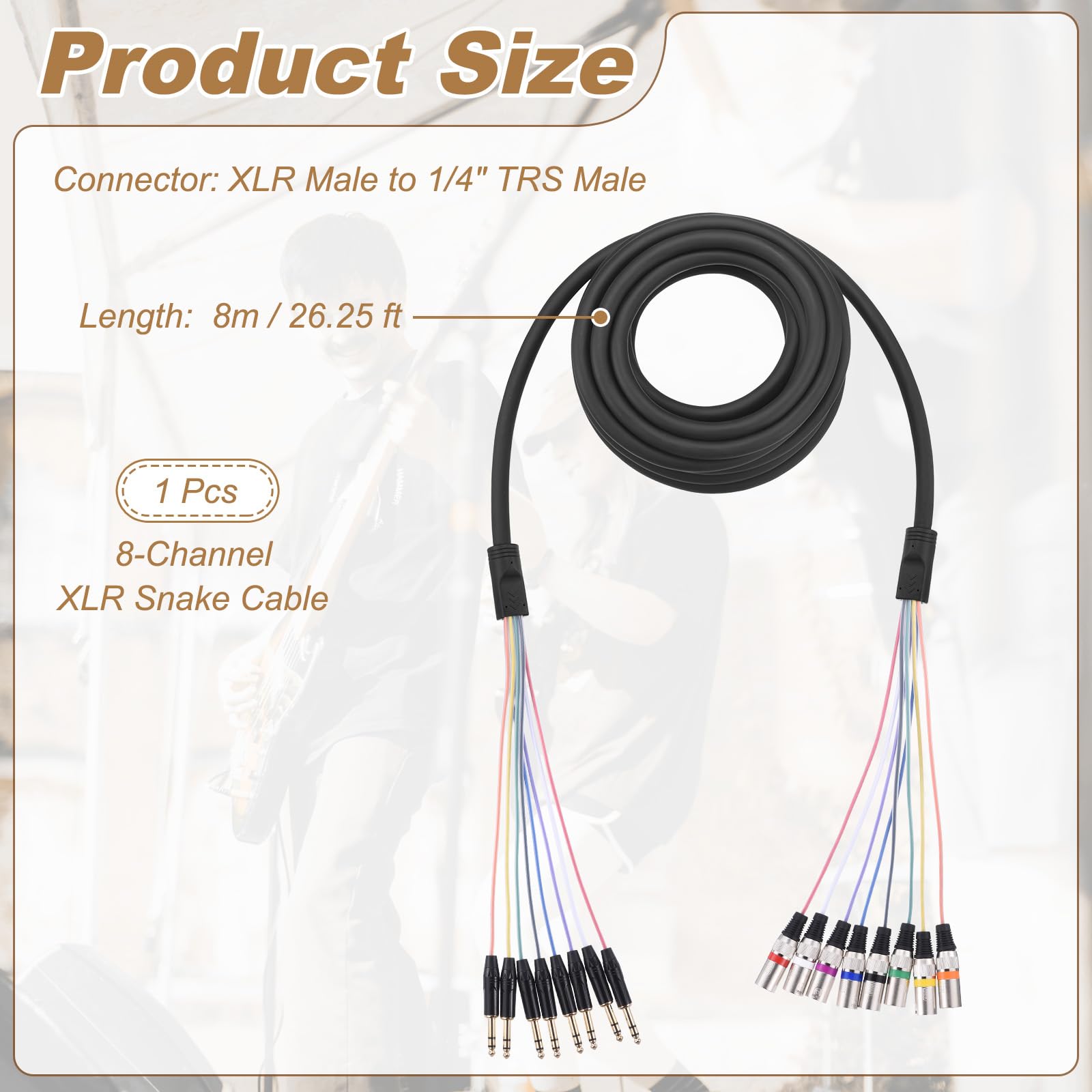 QUARKZMAN Cavo Serpente XLR 26,25 Piedi 8 Canali Maschio a 1/4" TRS