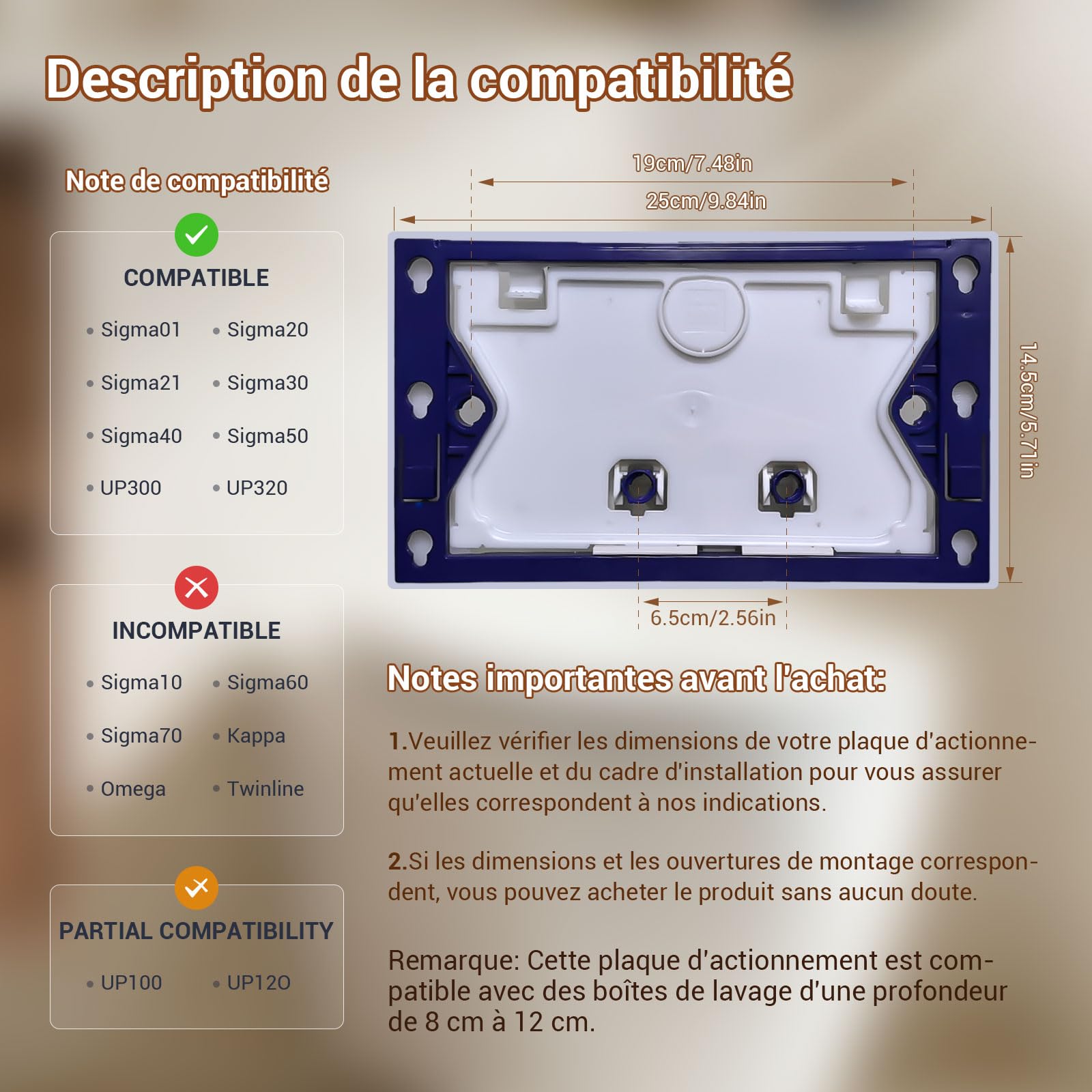 Plaque de Commande WC Compatible avec Geberit Duofix Sigma, Delta et Basic, Kit de Rechange avec Tiges de Poussée et Cadre de Montage pour UP300 & UP320, 245 x 164 mm(Beige-Y4-B)