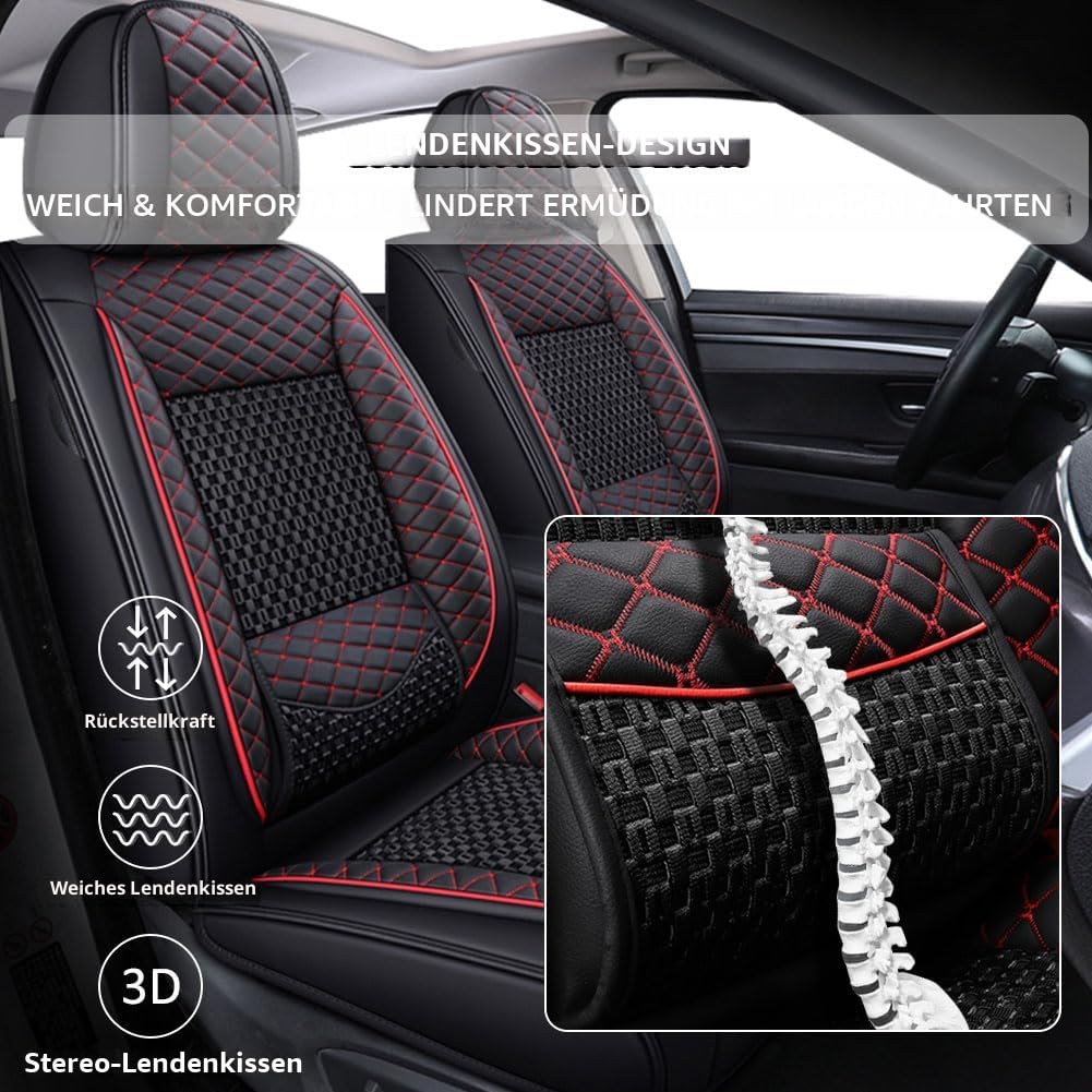 Sitzbezug Auto Vordersitze 2 Stück, Atmungsaktiver Eisseiden-Autositzbezüge PU Leder Universal Set, Kompatibel mit Den Meisten Limousinen und SUV (Schwarz Rot)