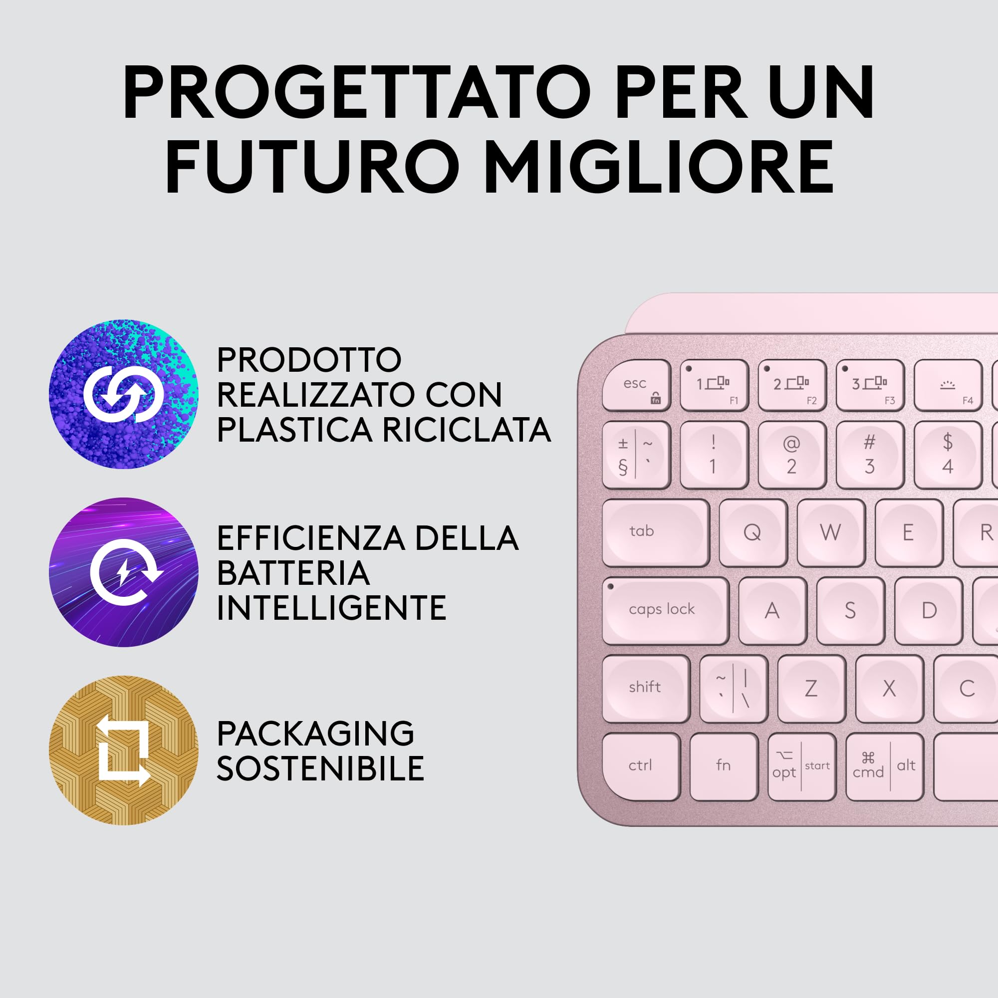 Logitech MX Keys Mini Tastiera Illuminata Wireless, Minimal, Compatta, Bluetooth, Retroilluminata, USB-C, Compatibile Con Apple MacOS, IOS, Windows, Linux, Android, In Metallo - Rosa