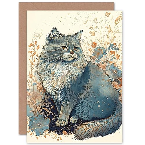 Artery8 Greeting Card - Fluffy Cat in Wildflowers Teal & Orange Watercolour Art Birthday