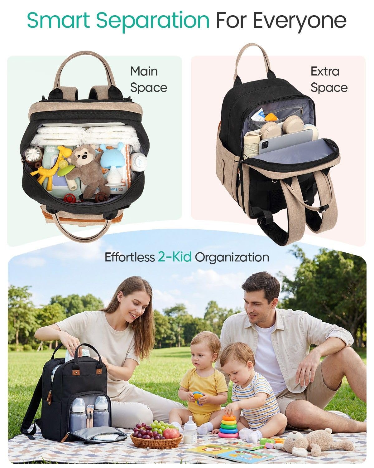 Qualyphant Borsa fasciatoio extra grande per due bambini gemelli – Borsa espandibile (26 – 36 l), due grandi scomparti, incluso fasciatoio e cinghie per passeggino, unisex, nero