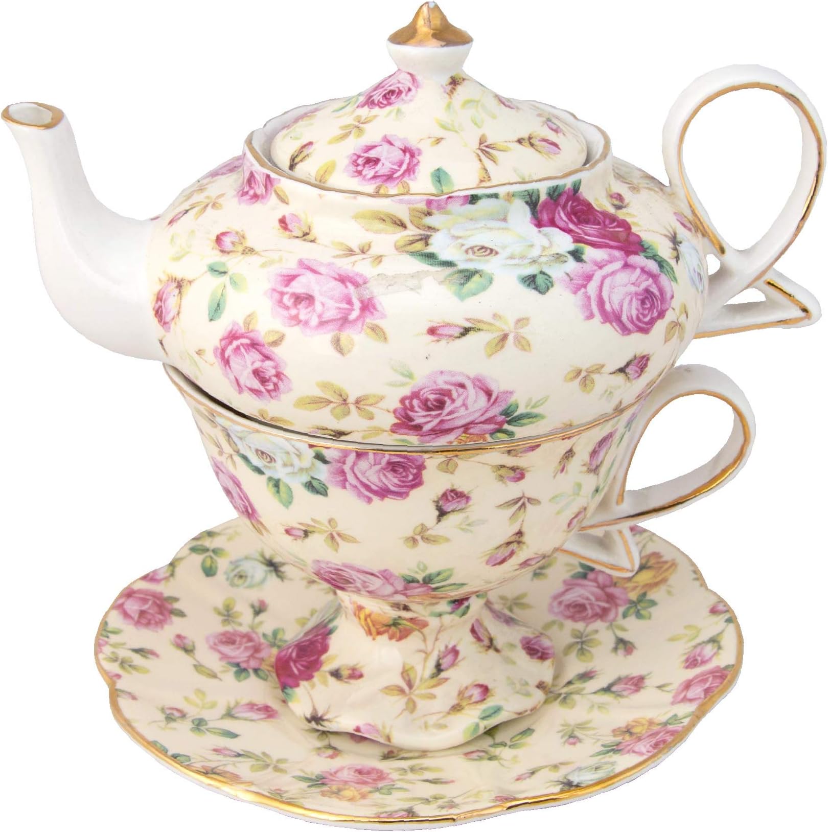  One Person Tea Set Stacked, Teapot Lid Cup Saucer 