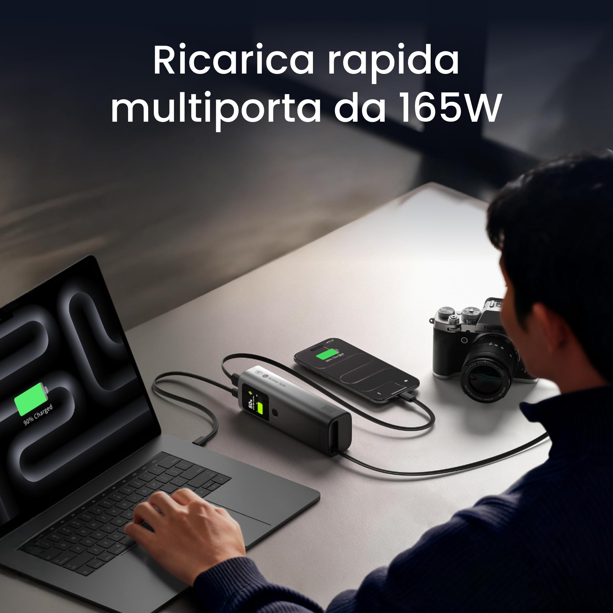 SHARGE 165W Power Bank 20000mAh Caricatore Portatile con Cavi Retrattil | Display Smart TFT e 3 Porte, Ricarica Rapida Laptop/Smartphone per Viaggi/Ufficio, Compatibile con MacBook Pro/Dell/iPhone