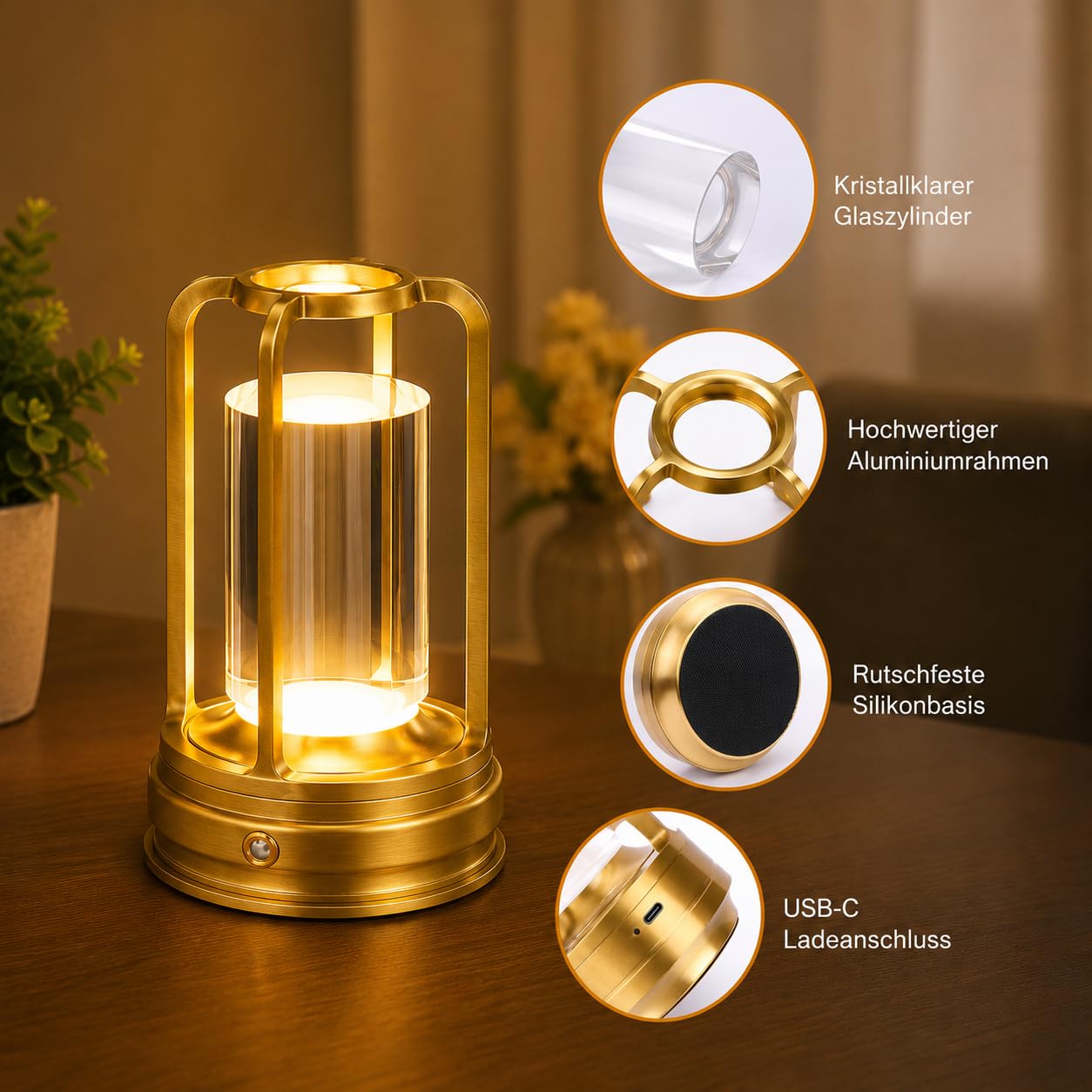 2er Set Tischlampe Kabellos mit Akku, LED Touch Lampe Dimmbar, USB-C Wiederaufladbar, 3 Farbtemperaturen, Aluminium Tischleuchte für Restaurant, Café, Hotel, Schlafzimmer, Gold