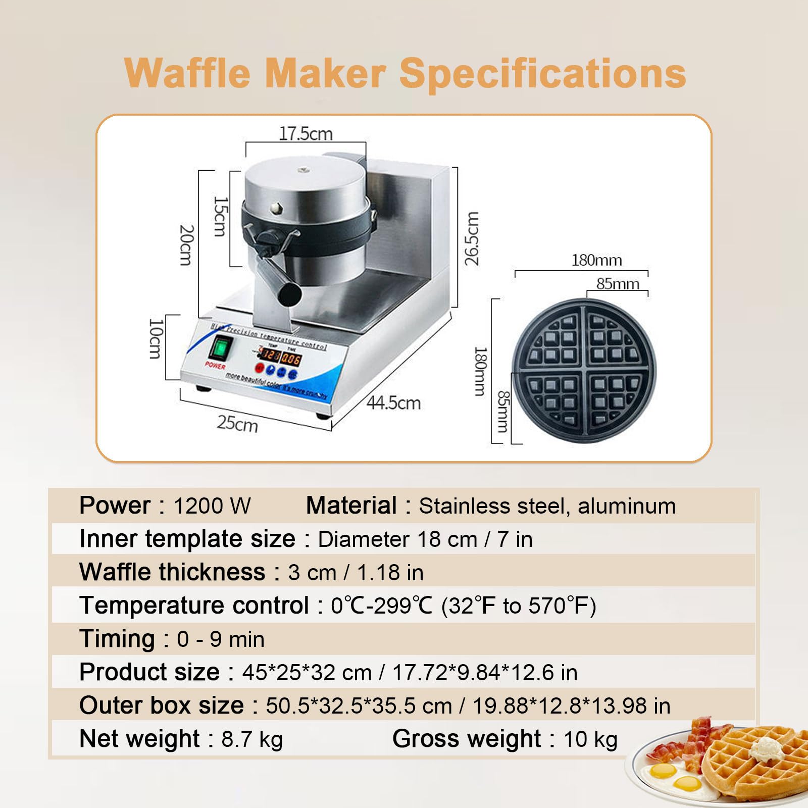 Gofrera De Calentamiento Por Ambos Lados De 1200 W, Temporizador Digital (0-299 °C), Gofrera Redonda, Antiadherente, Para Cafeterías, Pastelerías Y Repostería Casera, Con Kit De Repostería