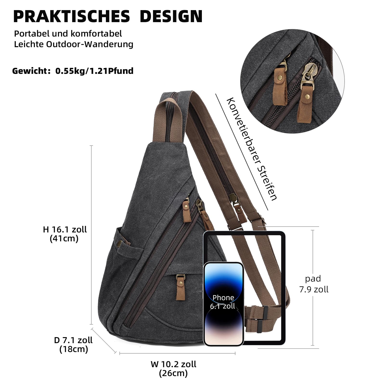 KL928 Canvas - Schlingetasche kleiner Crossbody - Rucksack lässiger Schulter - Tagesrucksack für Damen und Herren
