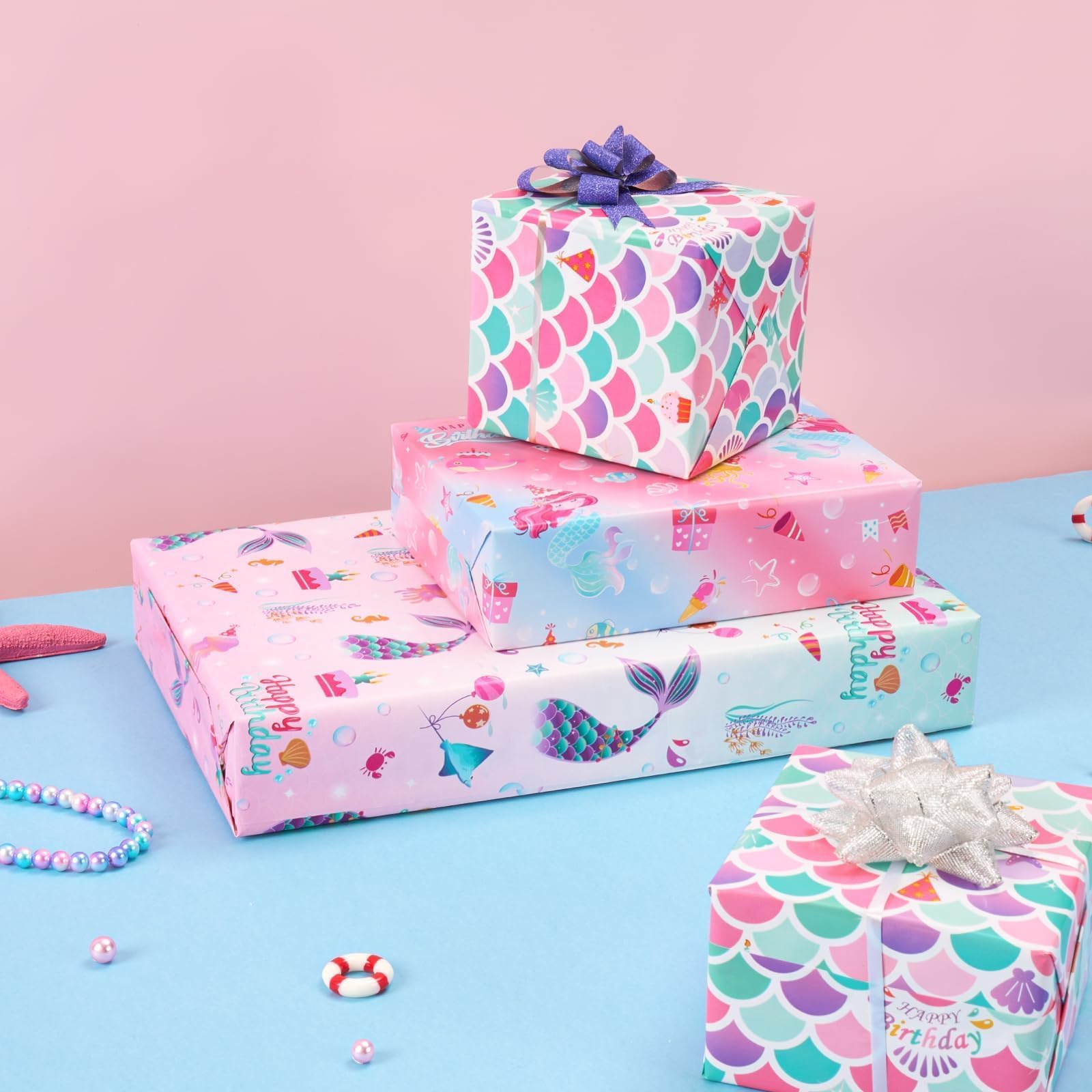 Rollos de Papel de Regalo de Sirena - 3 Rollos 43 cm x 3 m Rollos de Papel de Regalo de Cumpleaños para Niñas Sirena Rosa con Líneas de Corte