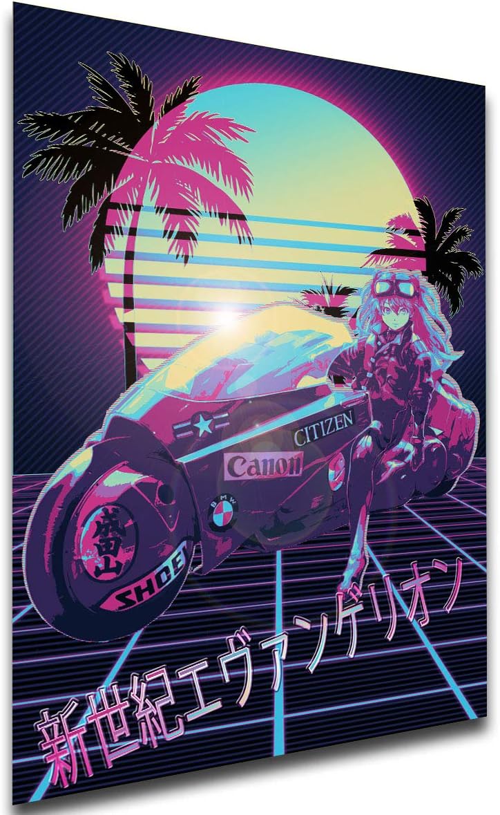 Instabuy Poster - Vaporwave 80s Style - Neo Genesis Evangelion - Asuka with Motocycle A3 42X30