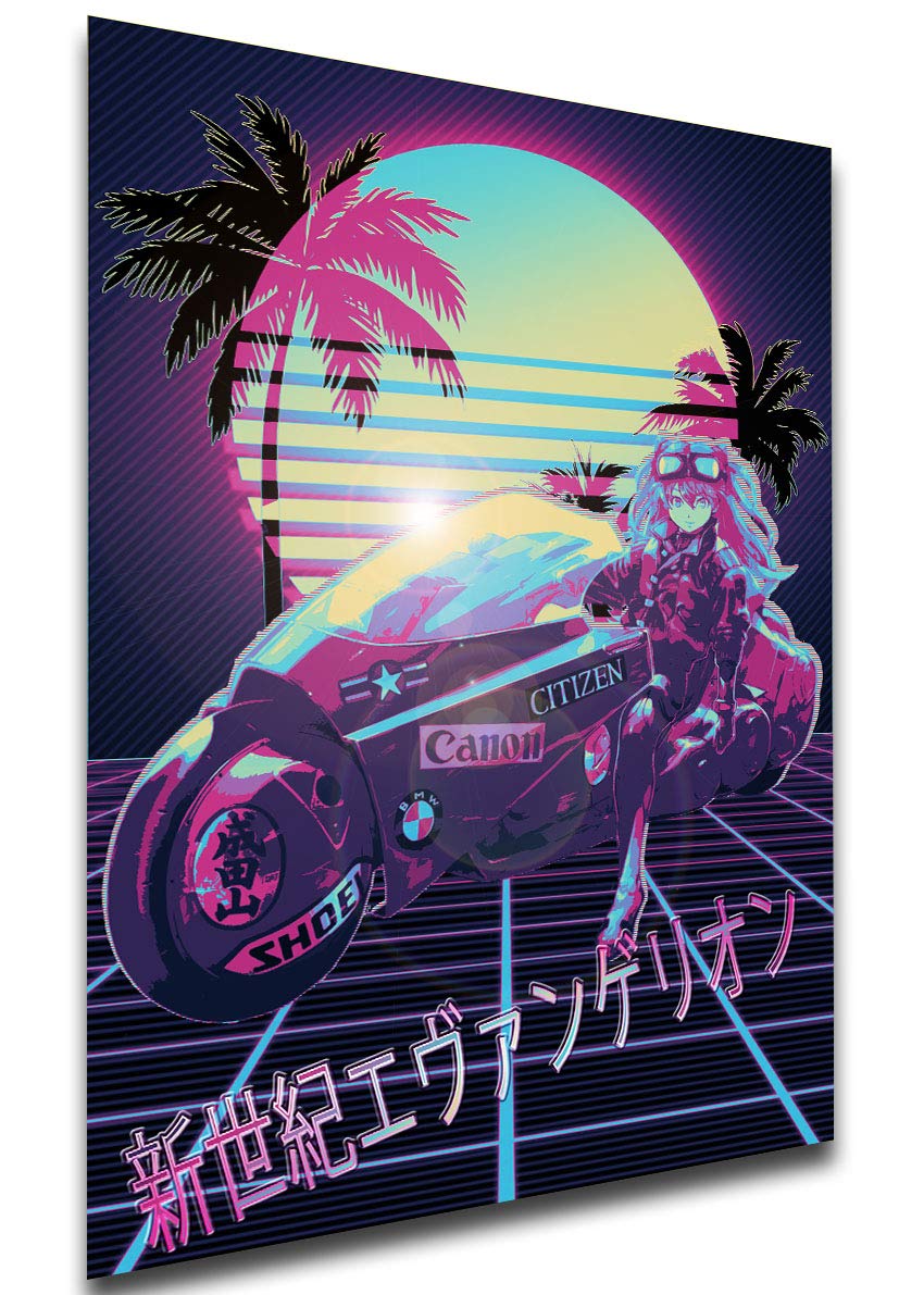 Instabuy Poster - Vaporwave 80s Style - Neo Genesis Evangelion - Asuka with Motocycle A3 42X30